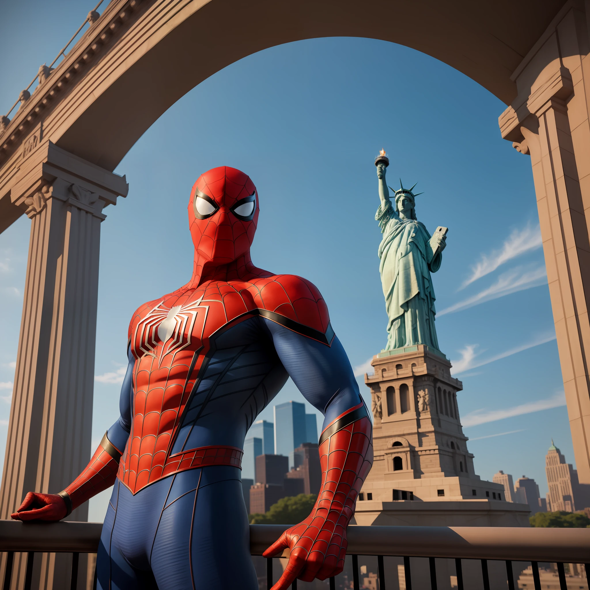 Spider-Man, clad in his authentic red and blue suit, stands on the observation deck of the Statue of Liberty, smartphone in hand, capturing a selfie with the iconic symbol of freedom. The late afternoon sunlight bathes the scene, casting warm golden hues on the statue's copper surface. The details of Lady Liberty's crown, torch, and robe are meticulously captured, showcasing the craftsmanship of the monument. Realistic photography is employed, utilizing a full-frame camera with a high-quality lens to capture the intricate textures and fine details of the scene. The image is composed in a way that emphasizes the scale and grandeur of the statue, with the New York City skyline in the background, showcasing the city's iconic landmarks. The resulting image is a stunning and lifelike portrayal of Spider-Man's encounter with the Statue of Liberty. --ar 16:9 --v 5