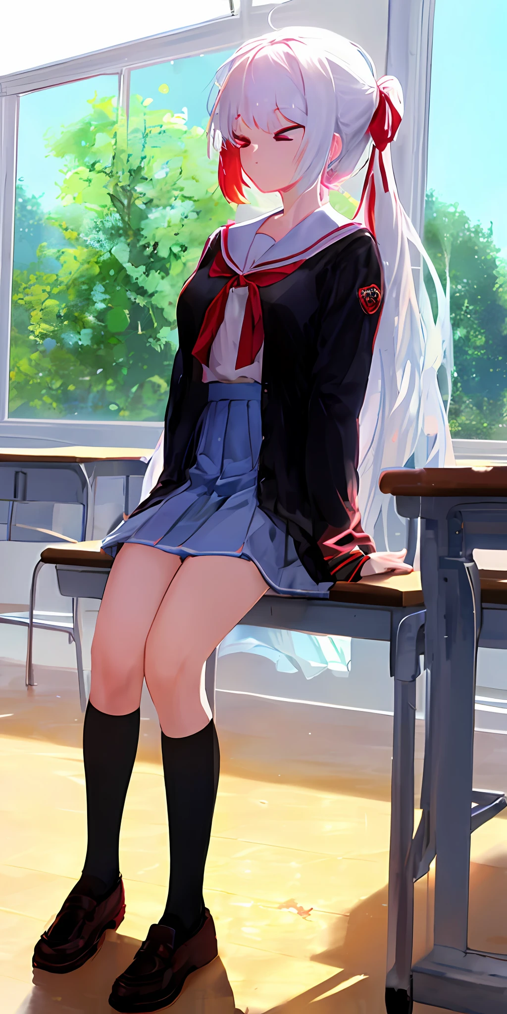 extremely detailed CG, high resolution, best quality, masterpiece, (bishoujo:1.3), Anime girl with full white hair, long ponytail tied with red ribbon, ahoge, red eyes, (> _ :2),laughting, medium sized breasts,school uniform, back top uniform with red ribbon and white collar, white skirt with red lining, black shoes with red lining, school classroom, classroom, sit on desk,next to window, sunny, full body image, wearning white thights, face viewer