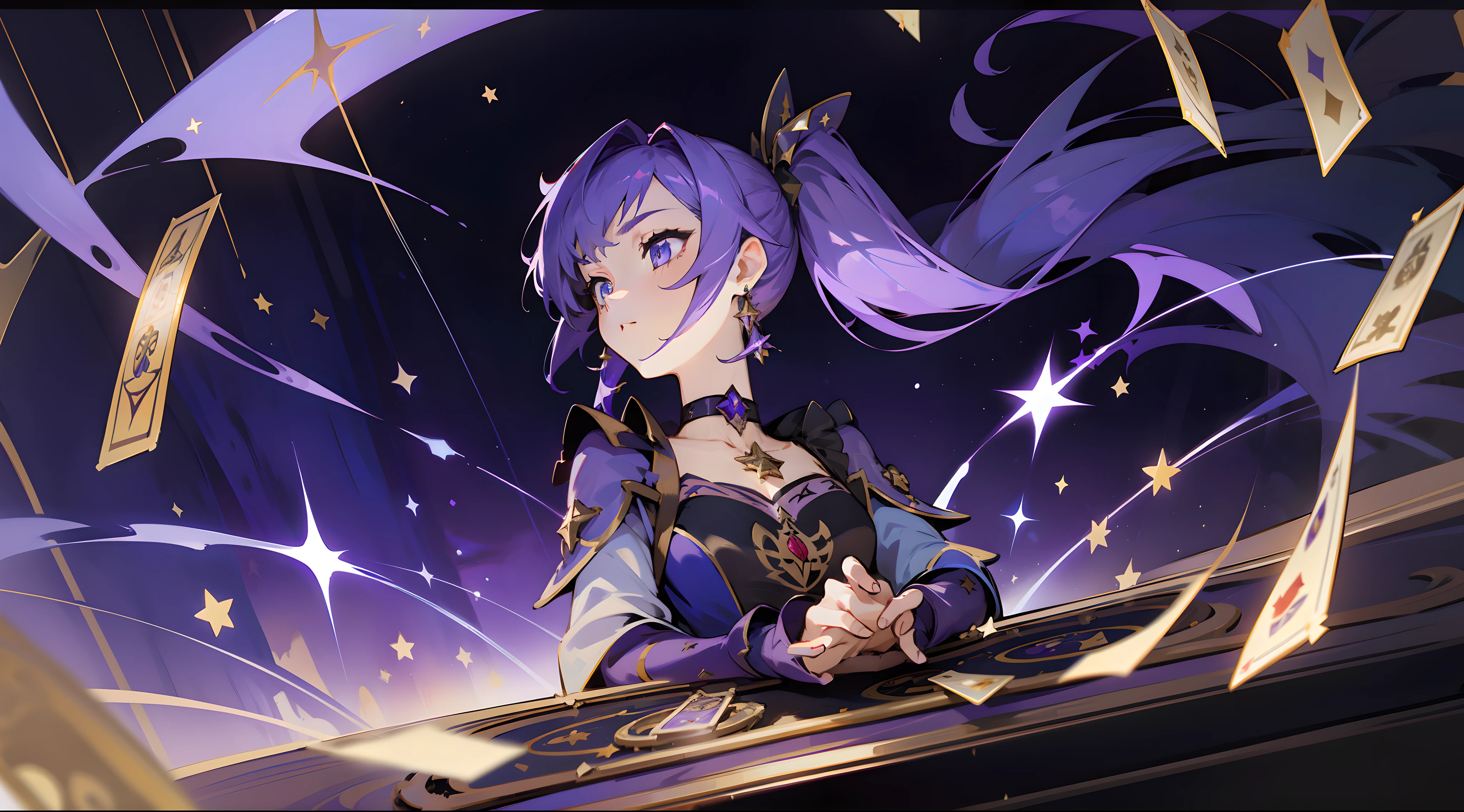 (1 girl), illustration, Mona \(Genshin Impact\), choker, star \(symbol\), witch, blue eyes, shining eyes, dark purple hair, dark purple hair, ponytails, earrings, white apron, purple dress, gold jewelry, landscape, night, magic, fortune teller, cards
