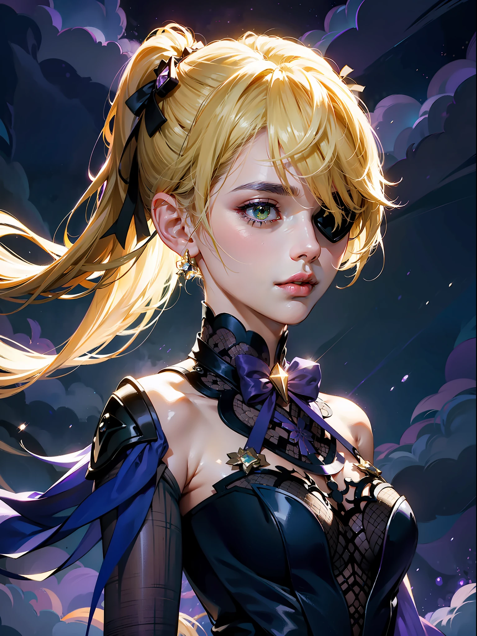 extremely delicate and beautiful, Amazing, finely detail, masterpiece, ultra-detailed, highres,best illustration, best shadow,intricate,sharp focus, high quality, 1 female solo, backlight, night sky and stars, blond hair ponytails, eyepatch, green eye, floating in the hight sky, surrounded by purple lighting bolts and purple storm clouds, sparkles and glowing lights, glowing hair
