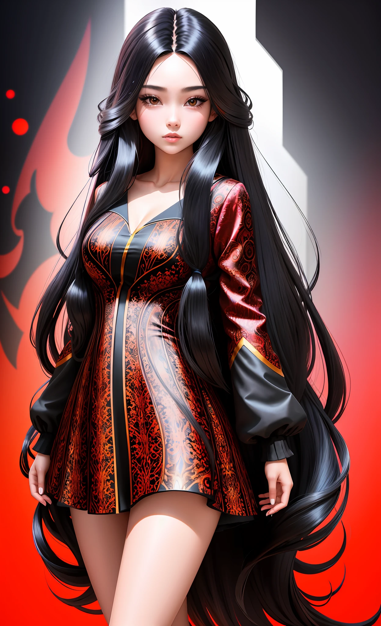 (masterpiece,best quority,detailed:1.2), (1girl:1.5),((angel woman)) ((black long hair:1.5))beautiful 18 year old girl,full beautiful body,(red dress:1.3)
kaleidogradient multicolor,insane use of color,unexpected combination color,gray-line fractal pattern background,
mixture warm-color and cold-color,
intricate design graphic,curvy and oblique graphic design,
playful gradient patterns,lively vibrant texture,