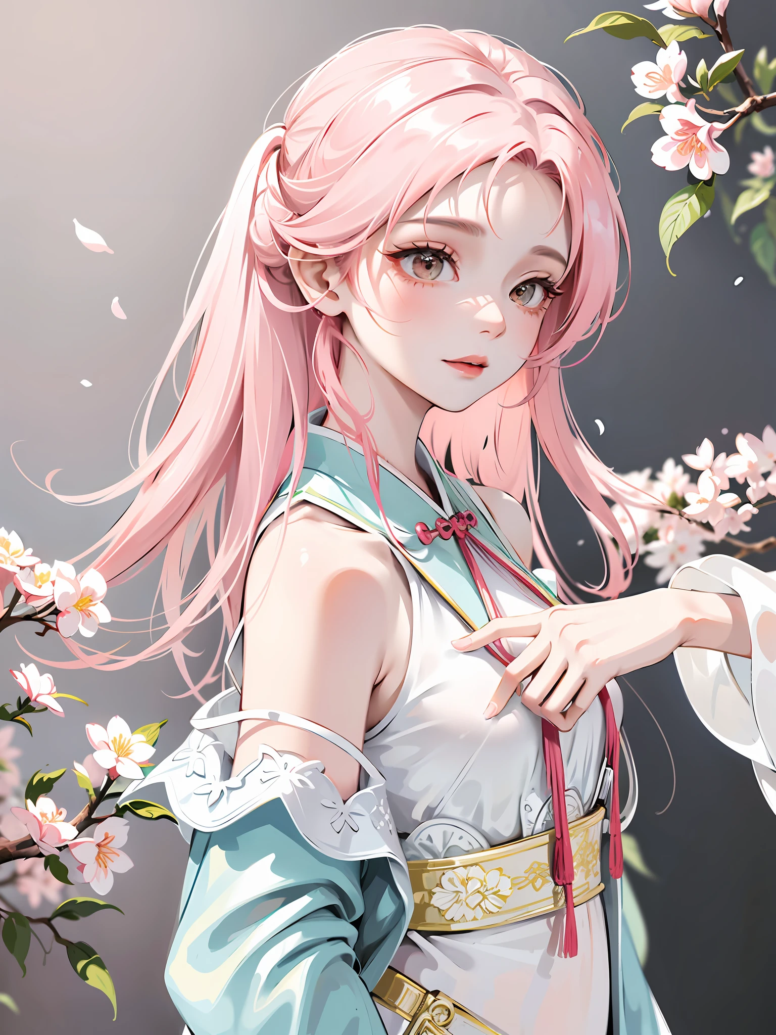 An elegant woman in a pink top and white shorts, high details on clothes, flowing cherry blossom silk, intricate clothing, dreamy style, Hanfu, silk clothing, delicate clothes, white and cyan, gorgeous clothing, intricate clothes, high exquisite details, costume design, traditional Chinese clothing, complex and elegant, elegant clothes, soft clothing