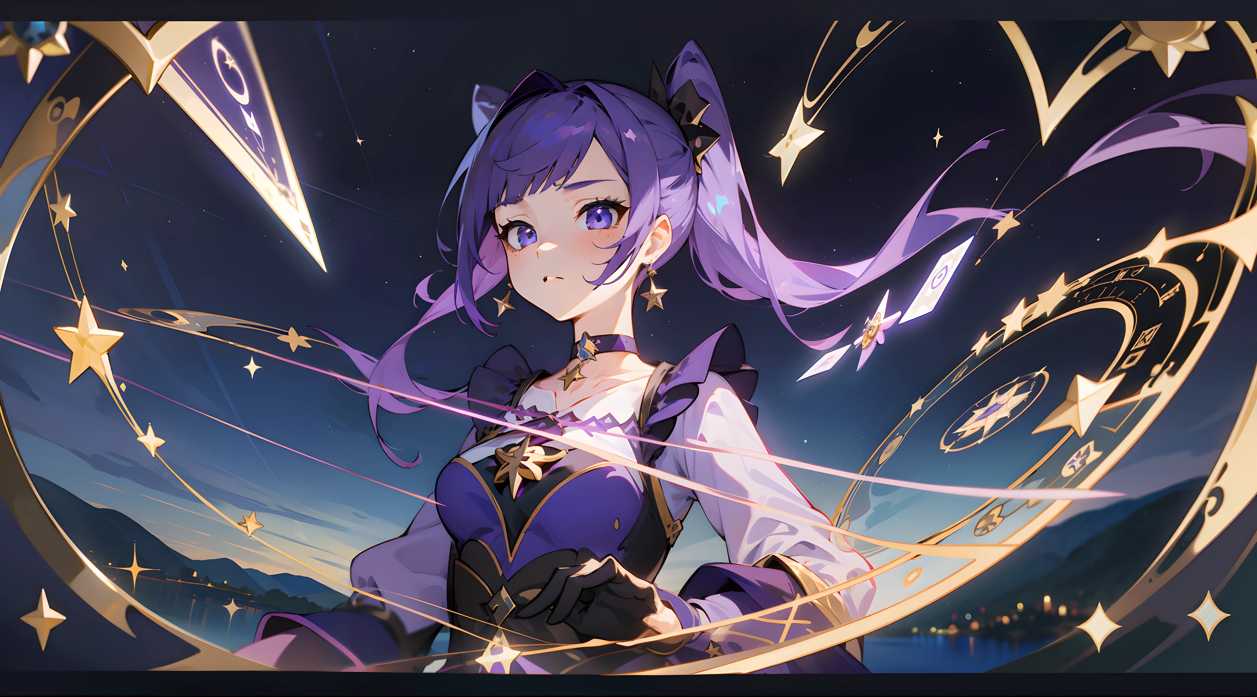 (1 girl), illustration, Mona \(Genshin Impact\), choker, star \(symbol\), witch, blue eyes, shining eyes, dark purple hair, dark purple hair, ponytails, earrings, white apron, purple dress, gold jewelry, landscape, night, water, magic, divination, astrology, tarot cards, spread, fortune-telling, card spread, fortune teller