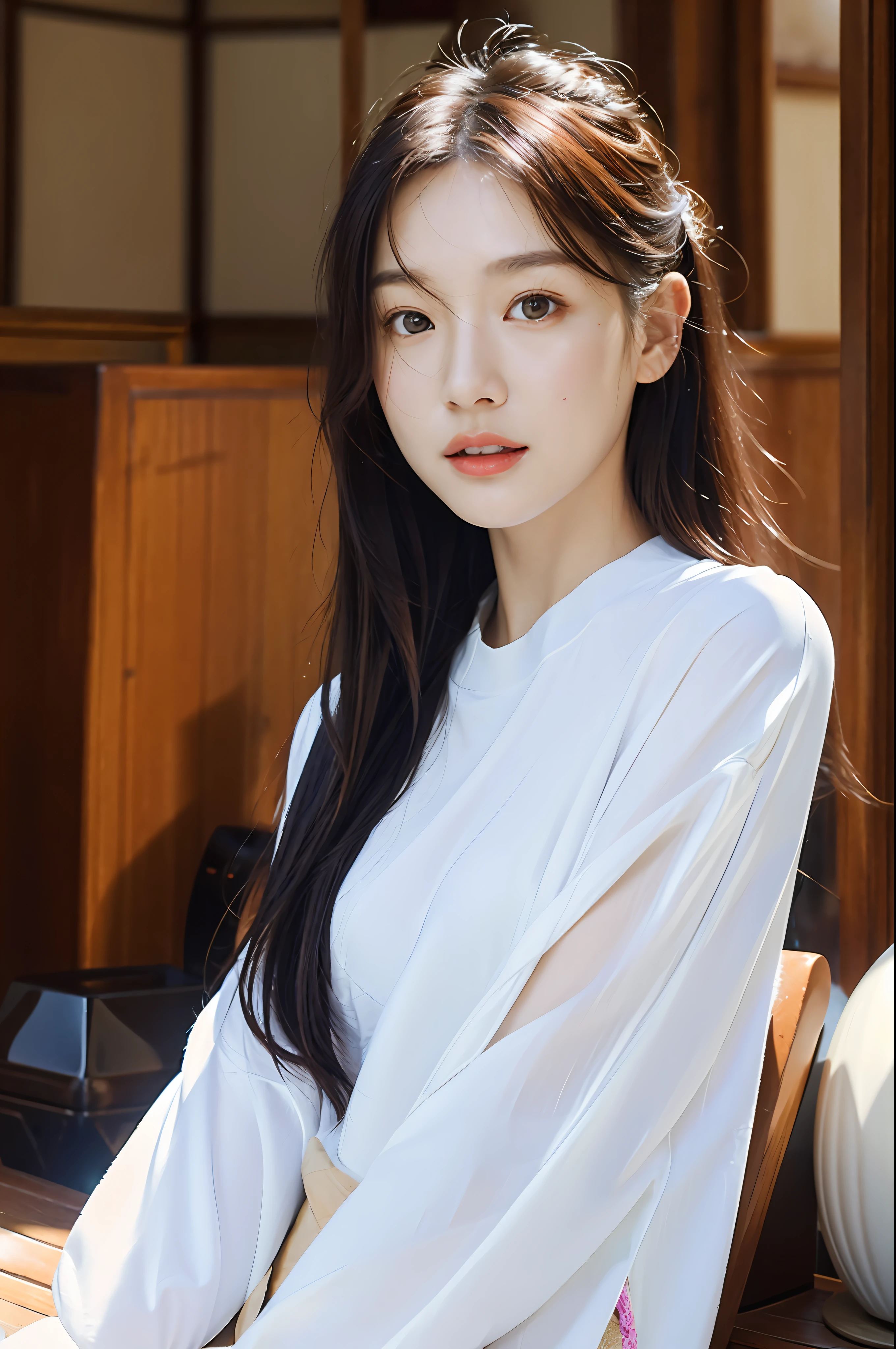 dressed, (photo realistic:1.4), (hyper realistic:1.4), (realistic:1.3),
(smoother lighting:1.05), (increase cinematic lighting quality:0.9), 32K,
1girl,20yo girl, realistic lighting, backlighting, light on face, ray trace, (brightening light:1.2), (Increase quality:1.4),
(best quality real texture skin), finely detailed eyes, finely detailed face,
(tired and sleepy and satisfied:0.0), face closeup, t-shirts,
(Increase body line mood:1.1), shiny skin