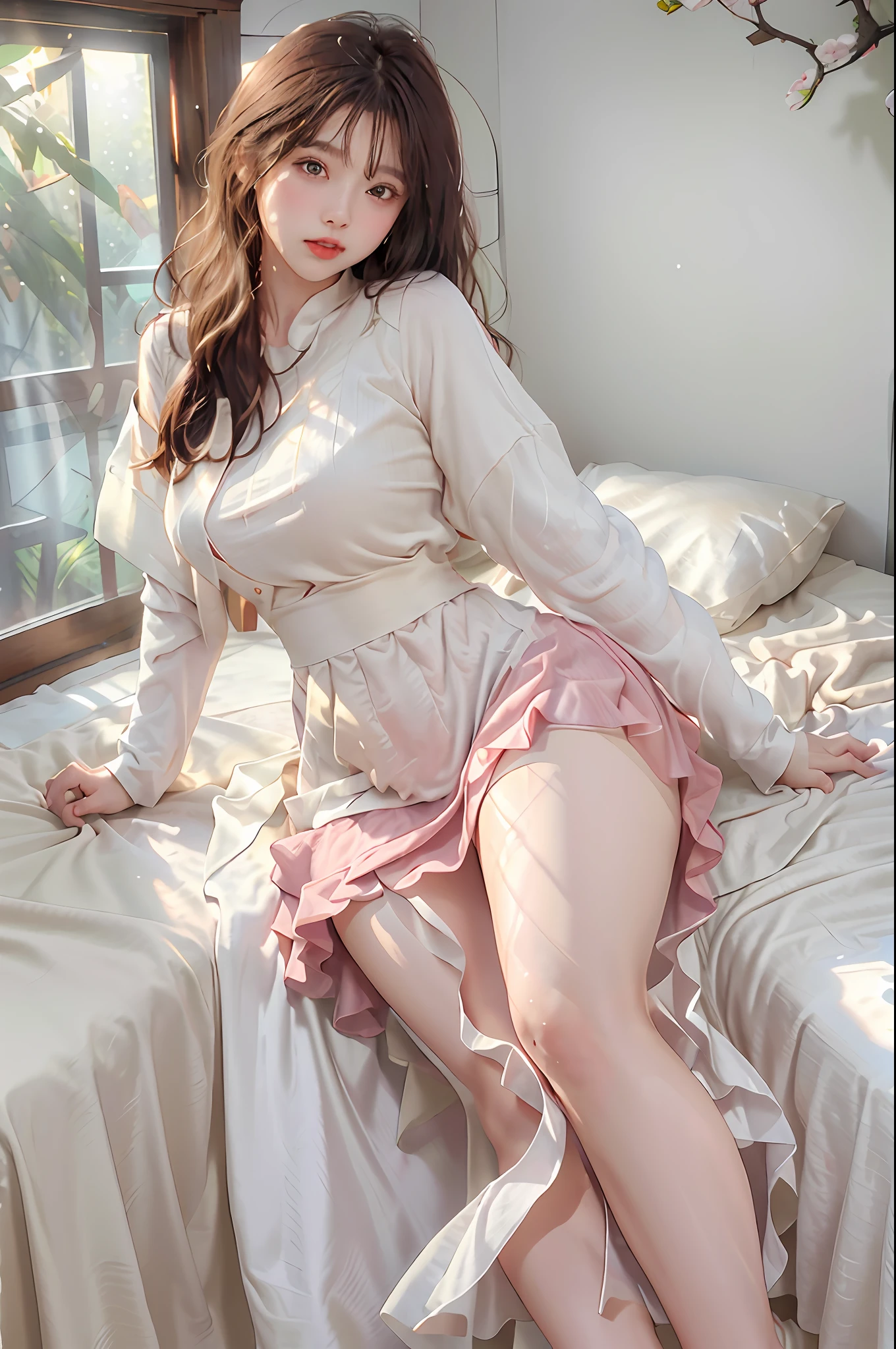 (highest resolution, distinct_image) best quality, woman, masterpiece, highly detailed, semi-realistic, 21 years old, cute, young, beautiful, interior, modern bedroom, window, wake up, morning, blush, thick thighs, wide hips, thin waist, tall, coral, (sweat: 1.2), (wet), sexy, blush, long skirt, wear long skirt, wear long white dress, white long dress, white t-shirt, white shirt