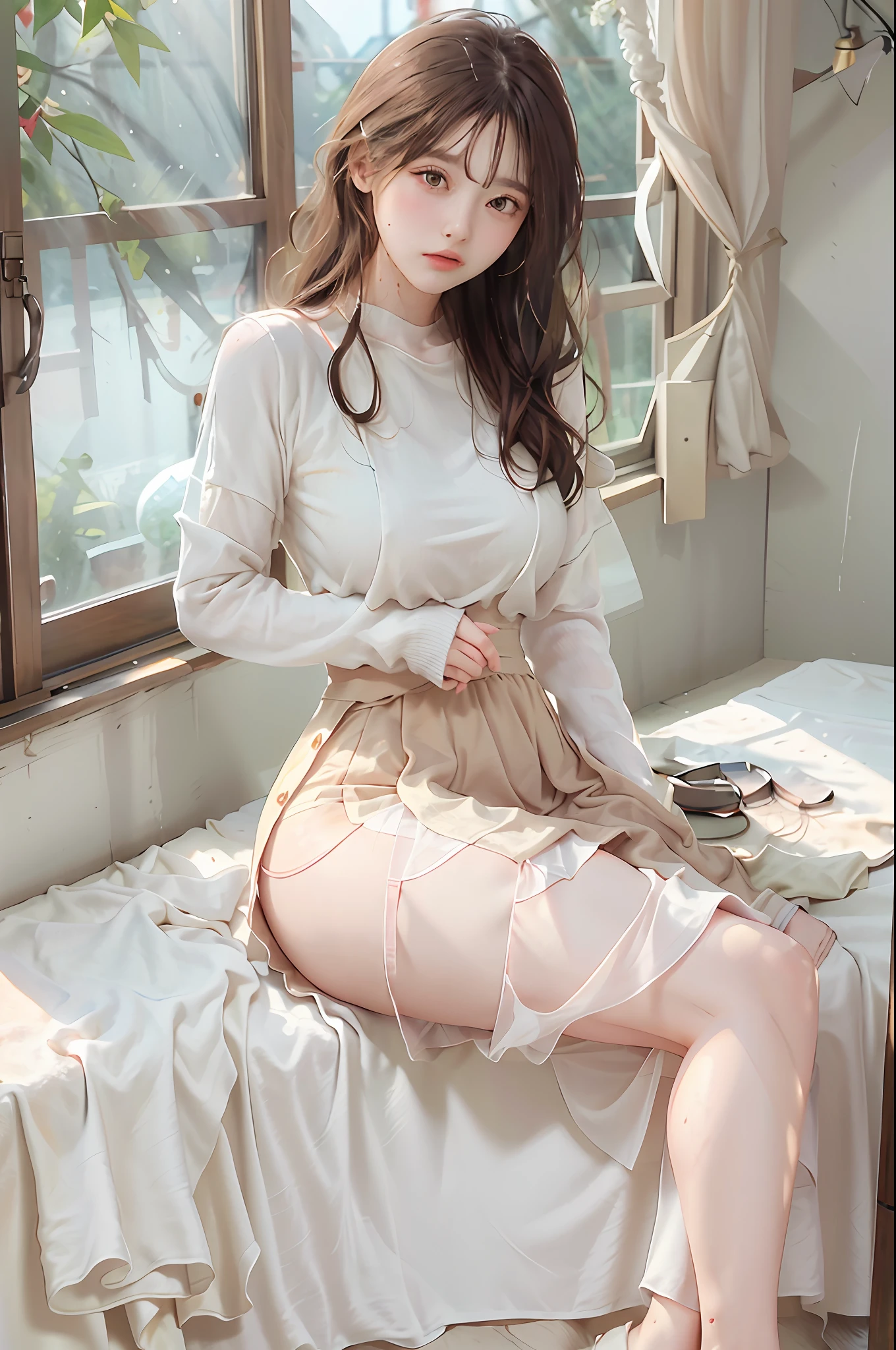 (highest resolution, distinct_image) best quality, woman, masterpiece, highly detailed, semi-realistic, 21 years old, cute, young, beautiful, interior, modern bedroom, window, wake up, morning, blush, thick thighs, wide hips, thin waist, tall, coral, (sweat: 1.2), (wet), sexy, blush, long skirt, wear long skirt, wear long white dress, white long dress, white t-shirt, white shirt