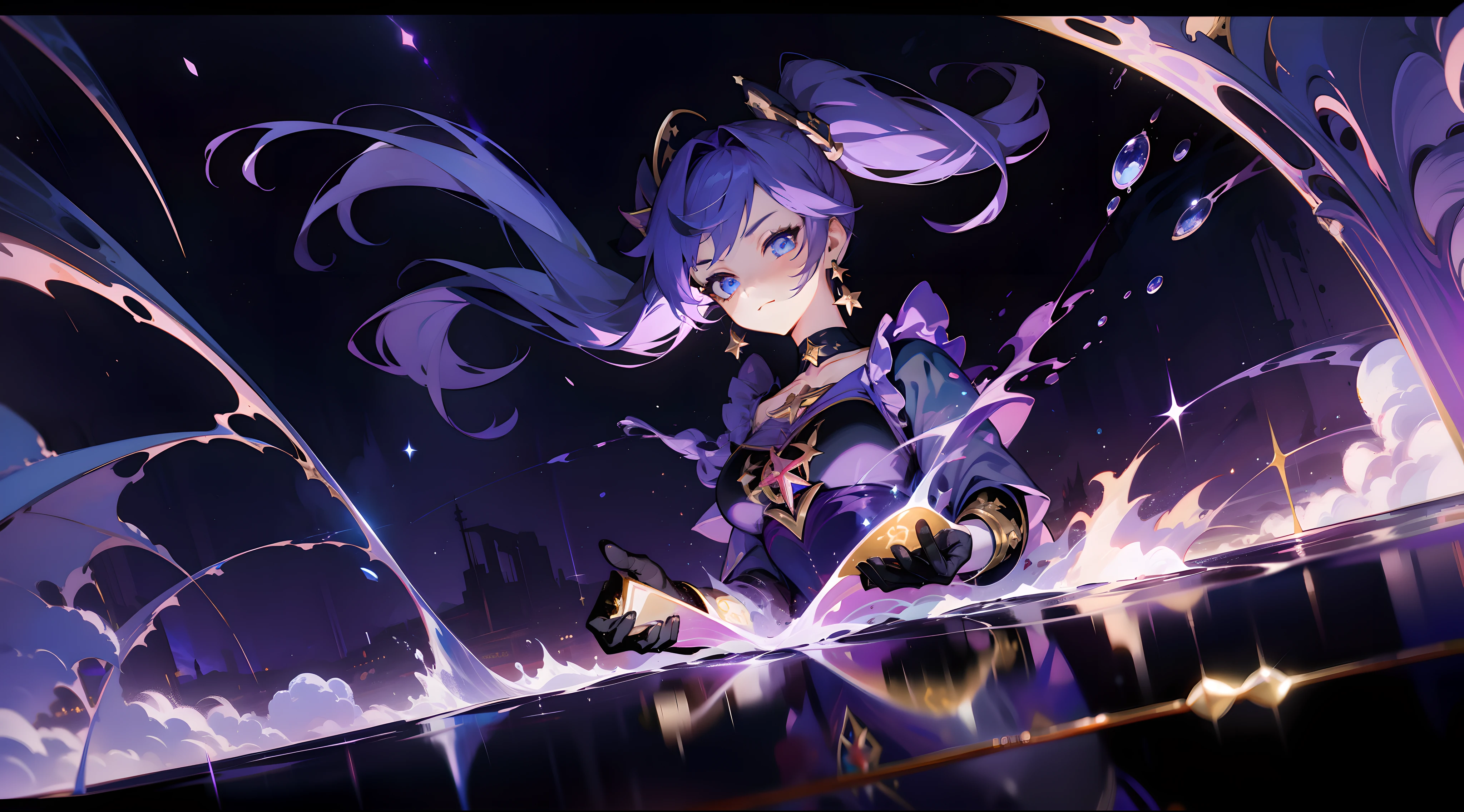 (1 girl), illustration, Mona \(Genshin Impact\), choker, star \(symbol\), witch, maid, blue eyes, shining eyes, dark purple hair, dark purple hair, ponytails, earrings, white apron, gold jewelry, landscape, night, night sky, magic, fortune teller, oracle, prediction, magician, magic, miracle, black gloves, divination, reflection, water