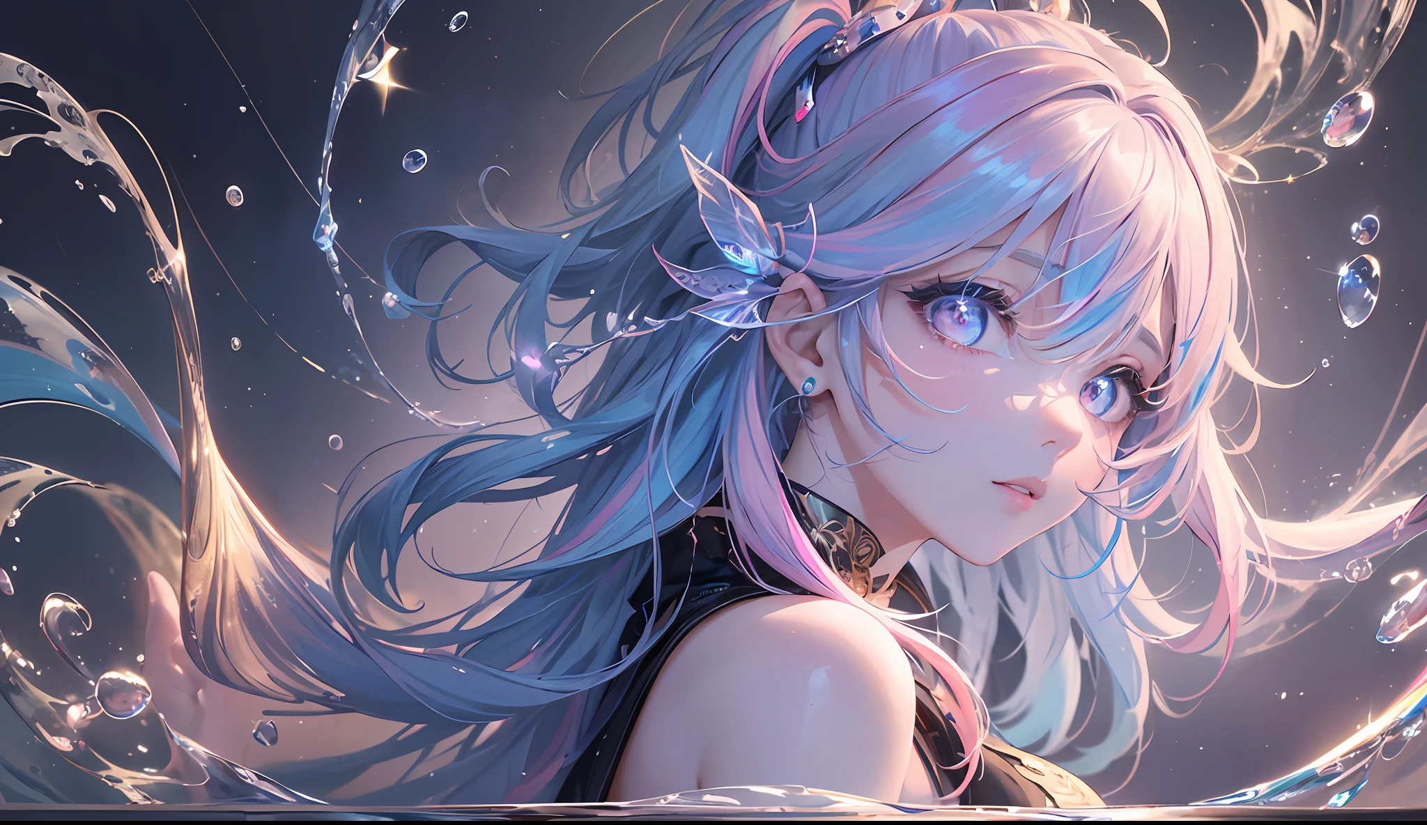 (masterpiece, top quality, best quality,watercolor )(medium),official art, beautiful and aesthetic:1.2),(1girl:1.3), (fractal art:1.3),upper body, from side, looking at viewer,patterns,(rainbow color Hair,colorful hair,half blue and half pink hair:1.2),water,liquid, cloud,colorful, starry,stars,close-up, big eyes, eyes, complex eyes, unique pupils, unusual pupils,starry sky, stars in the background, shining halo,((ultra detail retina:1.5)),embarassed, (midriff),((ultra detail eyes:1.5)),((extremely detailed CG unity 8k wallpaper,masterpiece, best quality)), ((ultra-detailed:1.2)),(best illumination, best shadow, an extremely delicate and beautiful),(extremely detailed CG unity 8k wallpaper,masterpiece, best quality, ultra-detailed),(best illumination, best shadow, an extremely delicate and beautiful),(perfect body: 1.5)