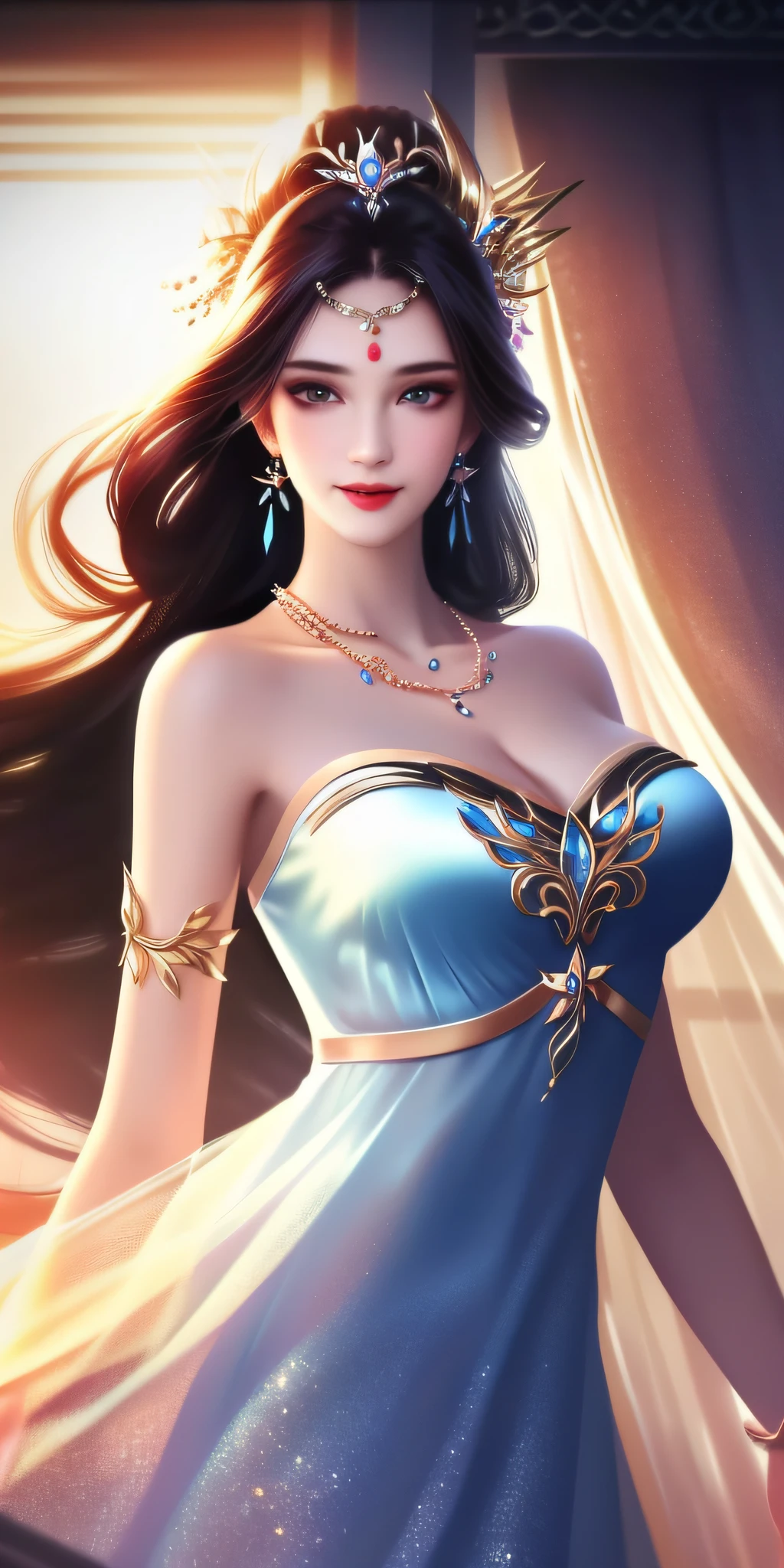 Best quality, masterpiece, high resolution, 1girl, clear silk porcelain dress, beautiful face, hair accessories, looking at the audience, smiling, close your mouth, lips, dress, hair accessories, necklaces, jewelry, long hair, earrings, beautiful face, on the body, Tindal effect, realism, dark studio, edge lighting, two-tone lighting, (high detail skin: 1.2), 8k UHD, DSLR, soft light, high quality, volumetric lighting, photo, high resolution 4K, 8k, blurred background