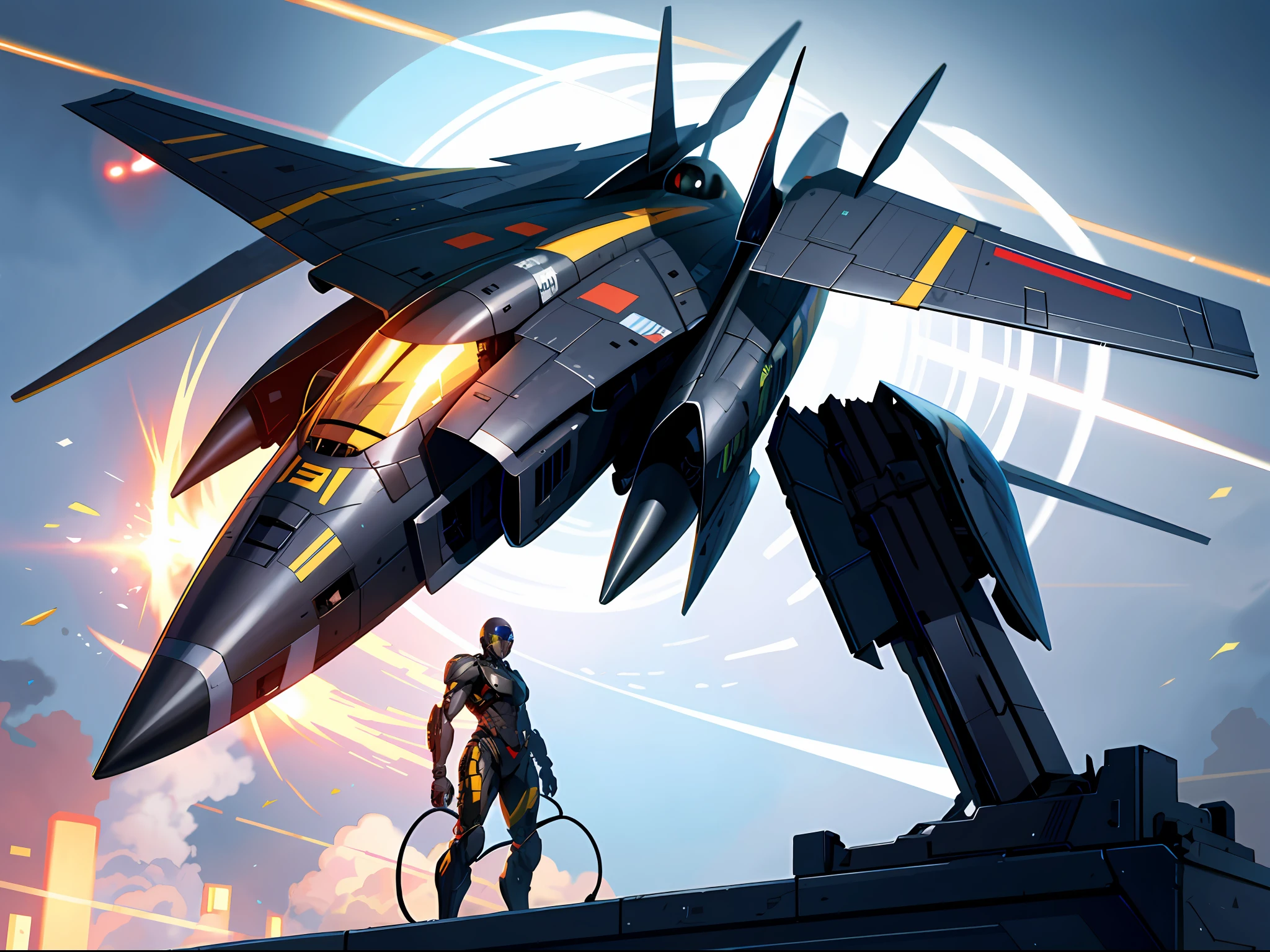 High resolution, highest quality, illustrations, super detail, a futuristic, black fighter model parked on the stand