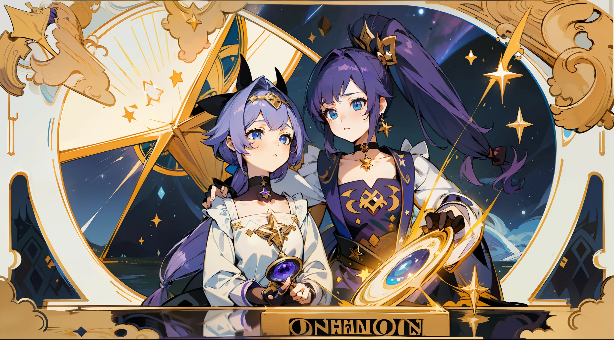 (1 girl), illustration, Mona \(Genshin Impact\), choker, star \(symbol\), witch, maid, blue eyes, shining eyes, dark purple hair, dark purple hair, long hair, ponytails, earrings, white apron, gold jewelry, landscape, night, night sky, magic, fortune teller, oracle, prediction, magician, magician, miracle, black gloves, divination, reflection, water
