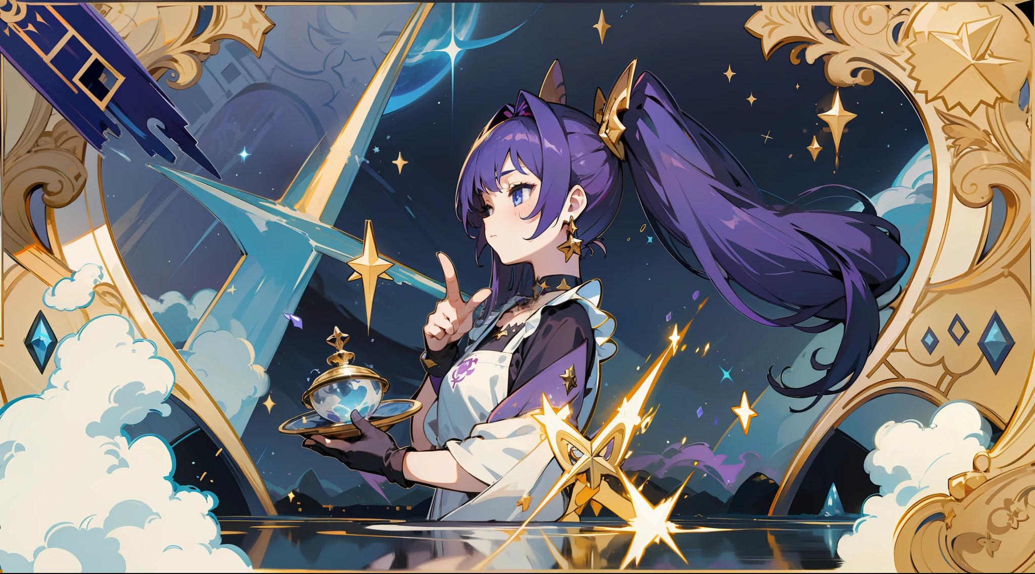 (1 girl), illustration, Mona \(Genshin Impact\), choker, star \(symbol\), witch, maid, blue eyes, shining eyes, dark purple hair, dark purple hair, long hair, ponytails, earrings, white apron, gold jewelry, landscape, night, night sky, magic, fortune teller, oracle, prediction, magician, magician, miracle, black gloves, divination, reflection, water