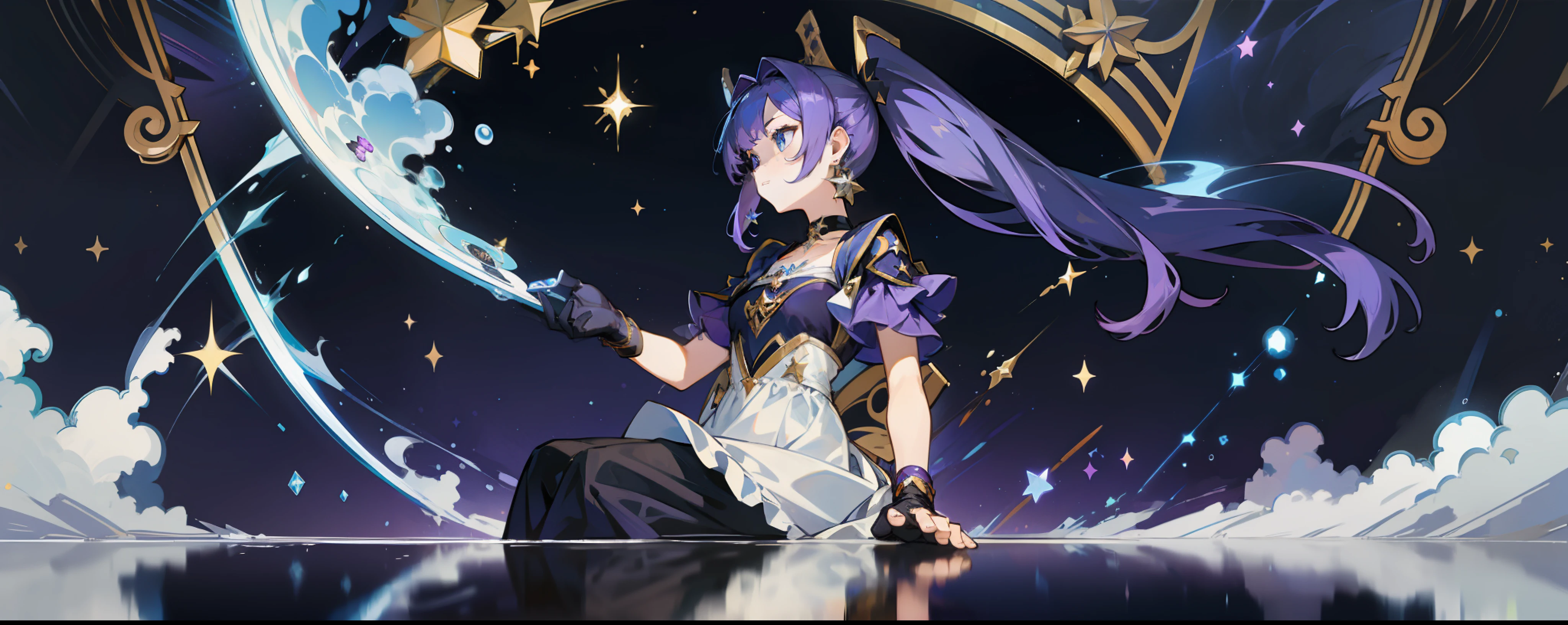 (1 girl), illustration, Mona \(Genshin Impact\), choker, star \(symbol\), witch, maid, blue eyes, shining eyes, dark purple hair, dark purple hair, ponytails, earrings, white apron, gold jewelry, landscape, night, night sky, magic, fortune teller, oracle, prediction, magician, magic, miracle, black gloves, divination, reflection, water