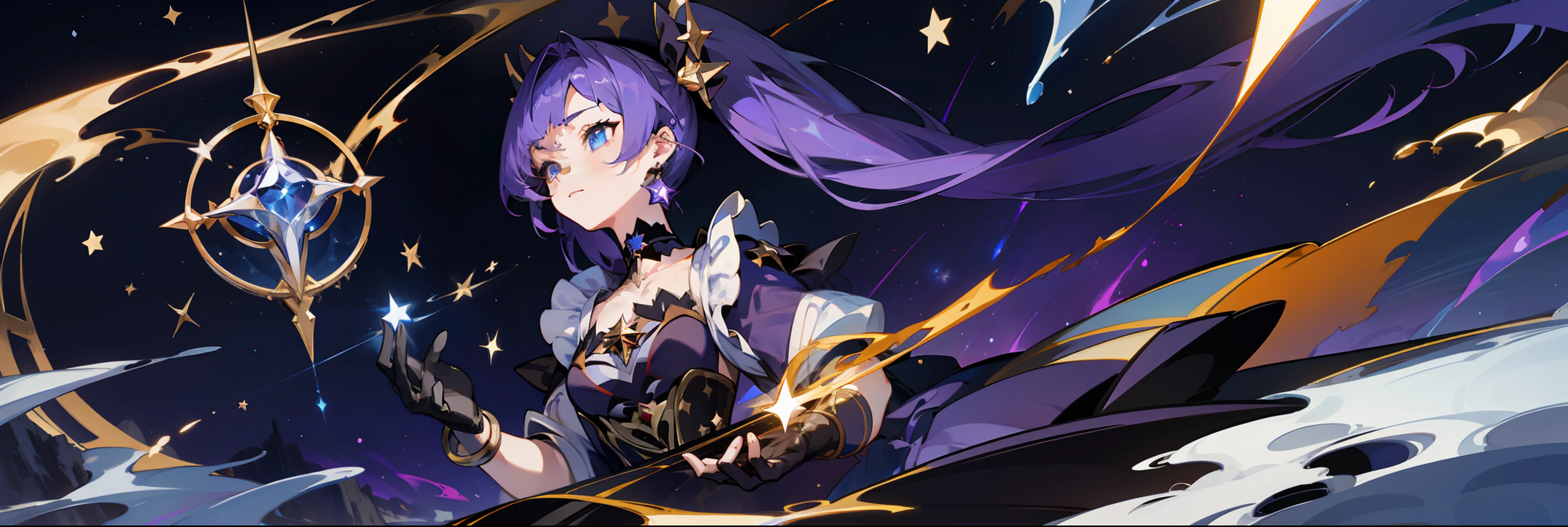 (1 girl), illustration, Mona \(Genshin Impact\), choker, star \(symbol\), witch, maid, blue eyes, shining eyes, dark purple hair, dark purple hair, ponytails, earrings, white apron, gold jewelry, landscape, night, night sky, magic, fortune teller, oracle, prediction, magician, magic, miracle, black gloves, divination, reflection, water