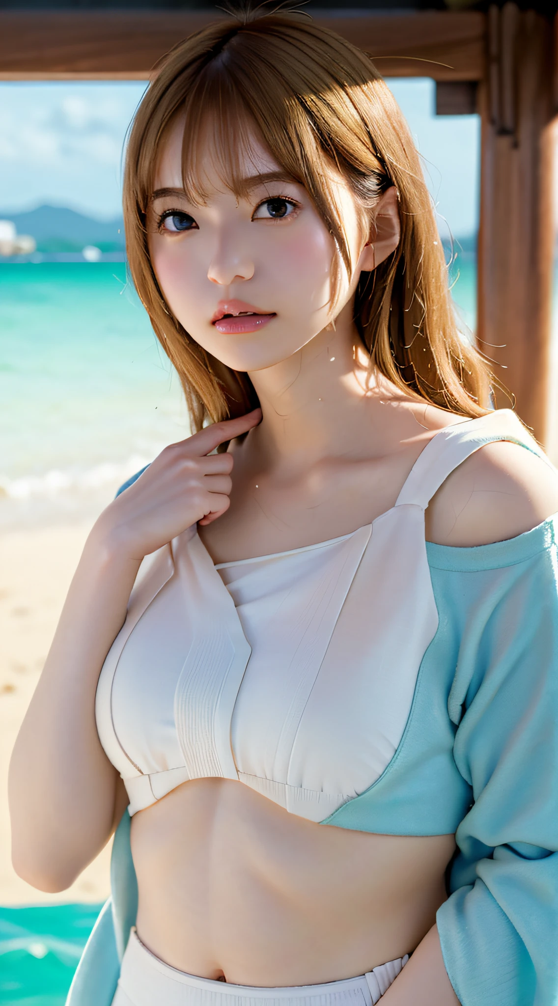 (Best Quality, 8k, 32k, Masterpiece, UHD: 1.2), Cute Japan Woman Pictures, 1 Girl, (Big), (Tall Women), (Abs), (Lips), Closed Mouth, (Medium Short Golden Hair), Double Eyelids, Wet Skin, T-Back, Realistic Rays, Beach