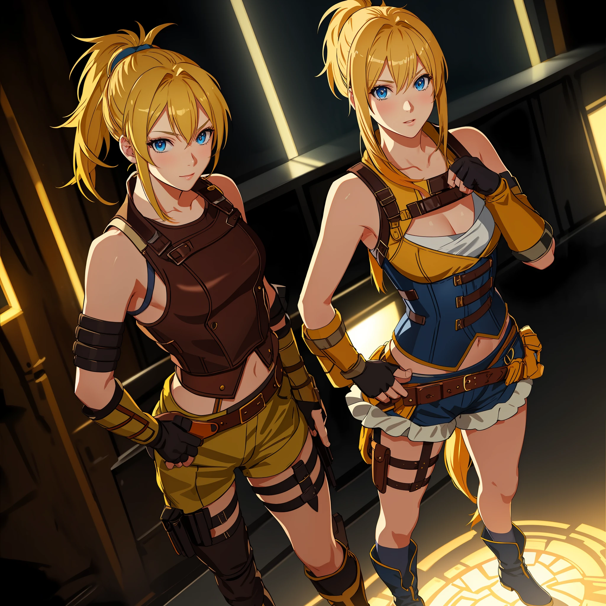 Rikku, (yellow hair, messy ponytail and bangs, blue eyes, flat chest), wearing a sexy tight corset, fingerless gloves, shoulders showing, showing the linga, looking at viewer, hands on the waist, on a stage, lewd, sexy, blue boots, masterpiece, best quality, 8k, sharp focus, depth of field, best shadows, perfect lights, HDR, realistic skin texture, detailed, hyper detailed background, anime style,