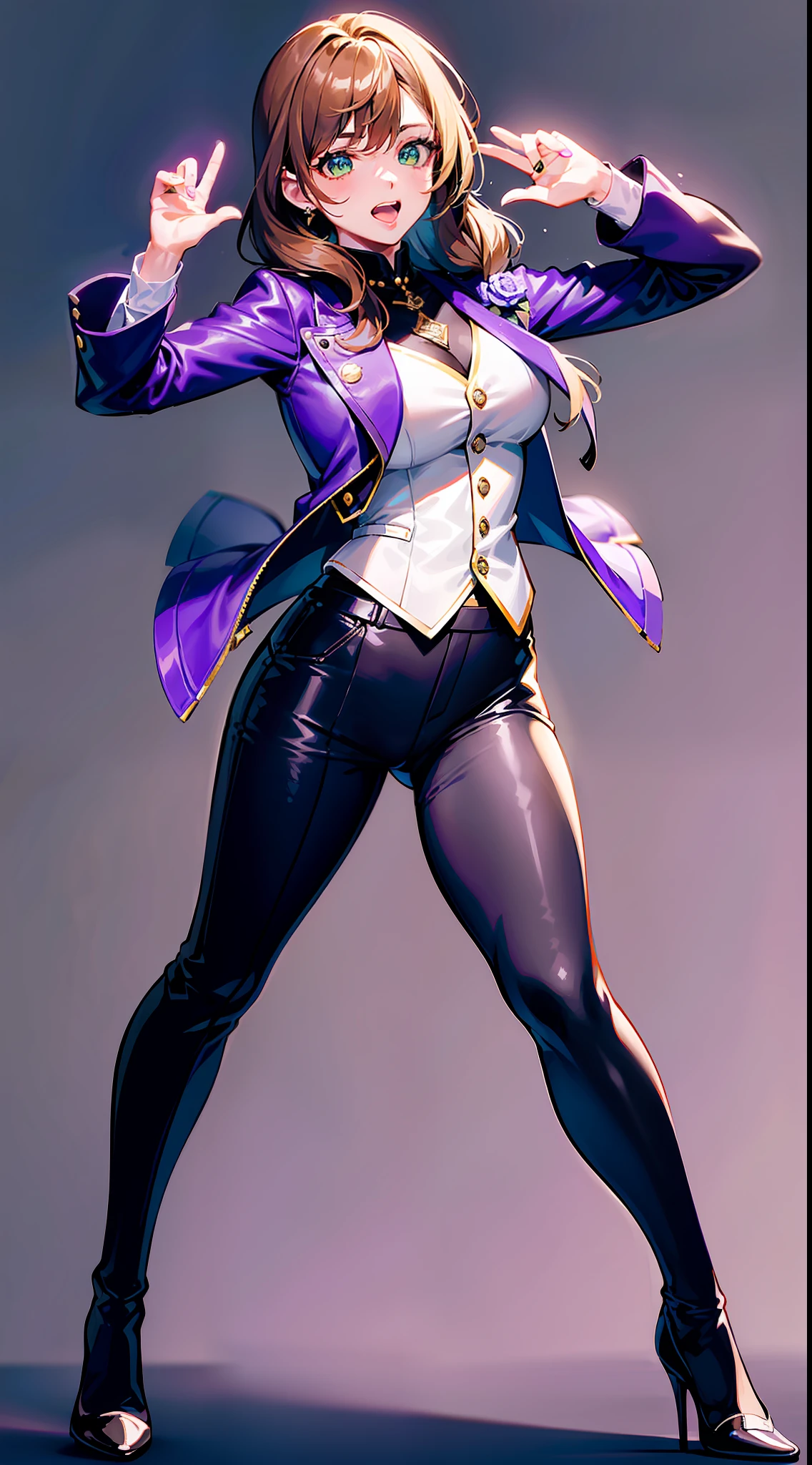 Singing and dancing singer, ((Genshin), (lisa)), brown hair, green eyes, confident expression, {costume description: (purple leather jacket), (white vest), (black slacks), black high heels}, (solid gray background), full body shot