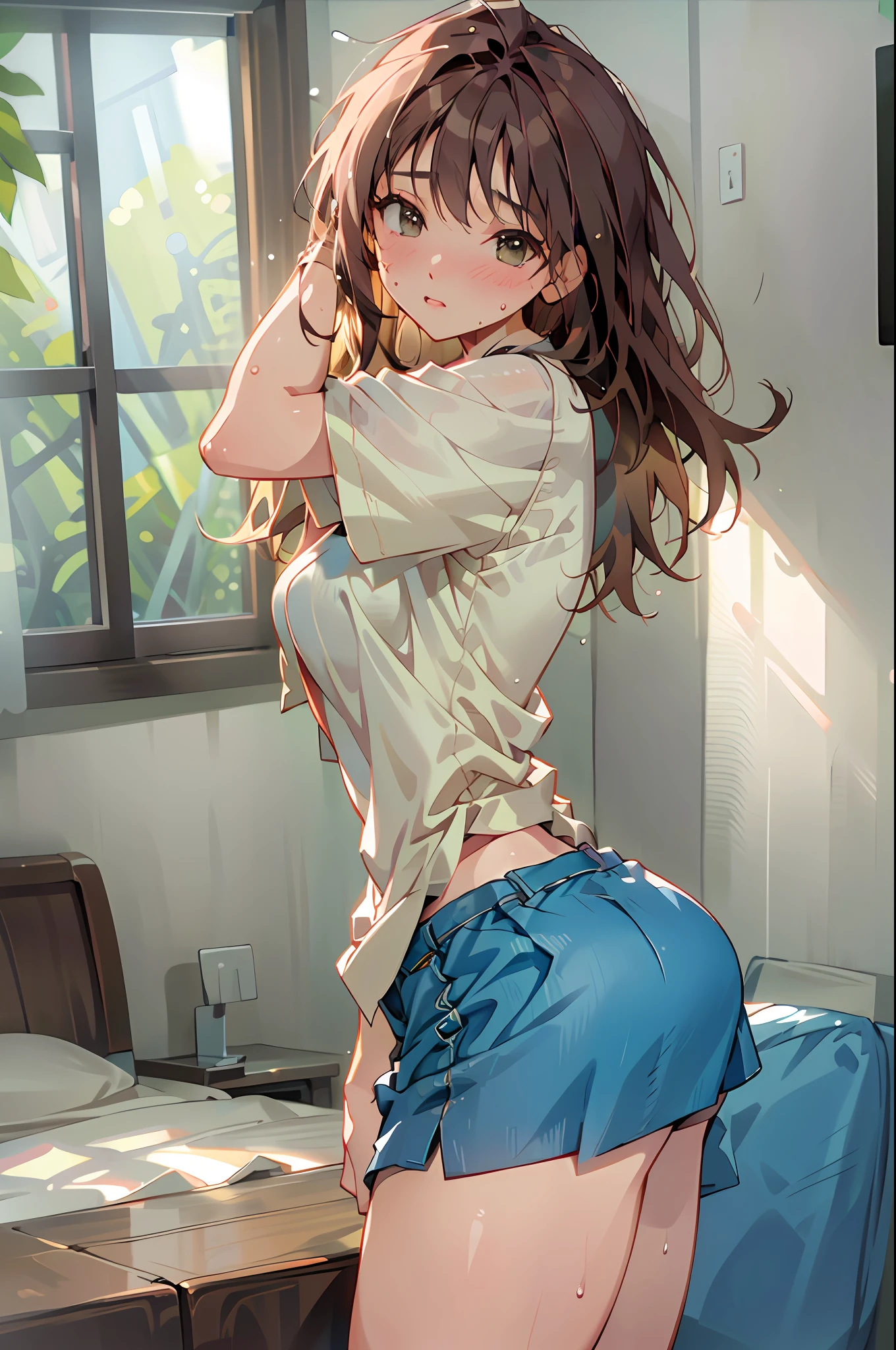 (highest resolution, distinct_image) best quality, woman, masterpiece, highly detailed, semi-realistic, 21 years old, cute, young, beautiful, interior, modern bedroom, window, wake up, morning, blush, thick thighs, wide hips, thin waist, tall, coral, (sweat: 1.2), (wet), sexy, blush, wear shorts, shorts, yoga pants, denim shorts, short skirt