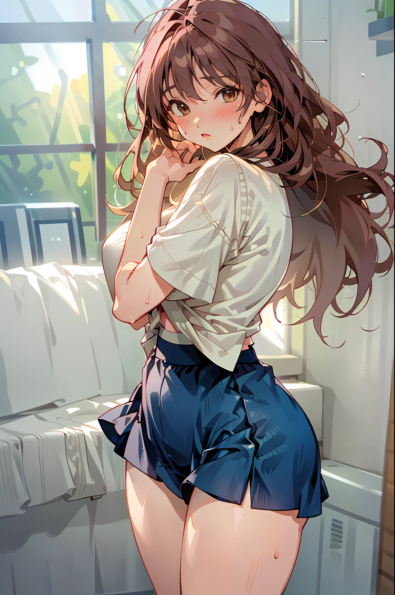 (highest resolution, distinct_image) best quality, woman, masterpiece, highly detailed, semi-realistic, 21 years old, cute, young, beautiful, interior, modern bedroom, window, wake up, morning, blush, thick thighs, wide hips, thin waist, tall, coral, (sweat: 1.2), (wet), sexy, blush, wear shorts, shorts, yoga pants, denim shorts, short skirt