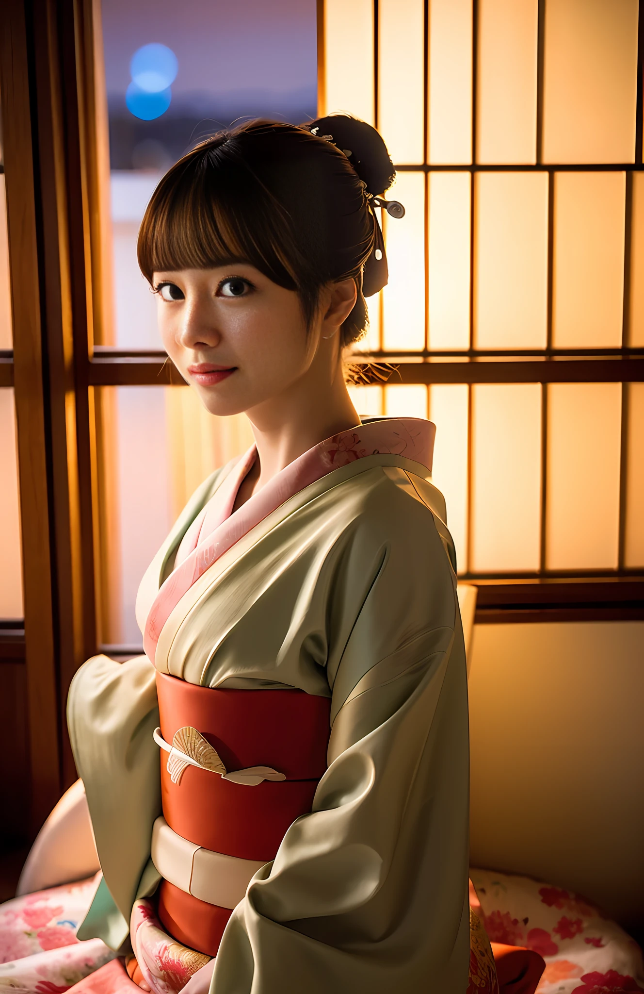 photorealistic, solo, beautiful Japan woman, traditional kimono, natural figure, soft smile, impressive gaze, traditional hairstyle, Japanese room at dusk, sitting by the window, illuminated by city lights, (attractive pose), professional photographer, shallow depth of field, backlit,
