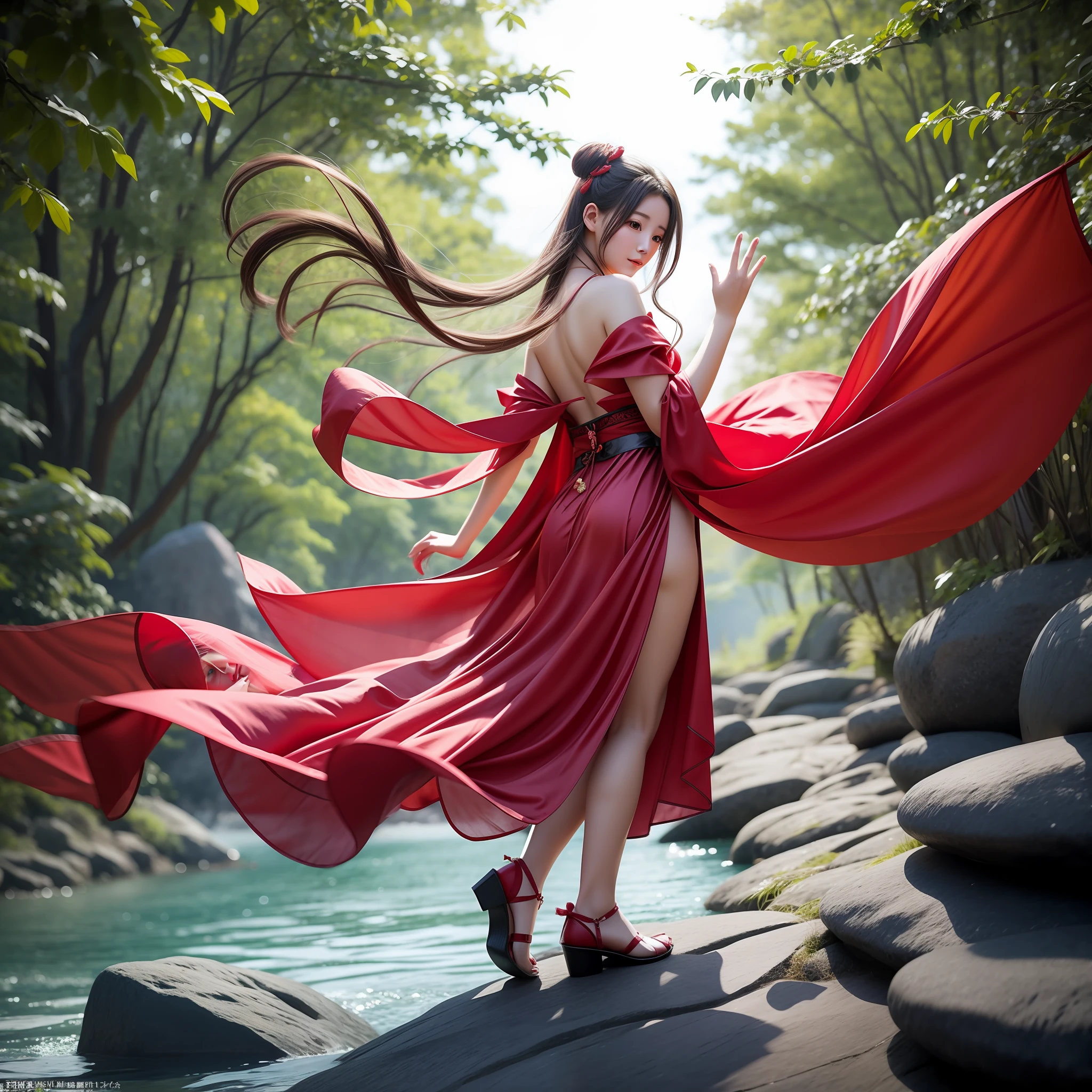 a mystery shot of a woman in a red dress dancing on a rock at the beach, a red fairy hanfu, birth of the universe, bright red cape on her back, cover her eyes and, freestyle, free from eveything mindset, freedom vibe, afraid nothing face, bravely, winning every war mindset, floating red cape, dancing freely, fairytale style, mystery beautiful, japanese gate on the stone background, red thin cloth fairy hanfu, long and floating hanfu, covering her eyes with transparent red towels,