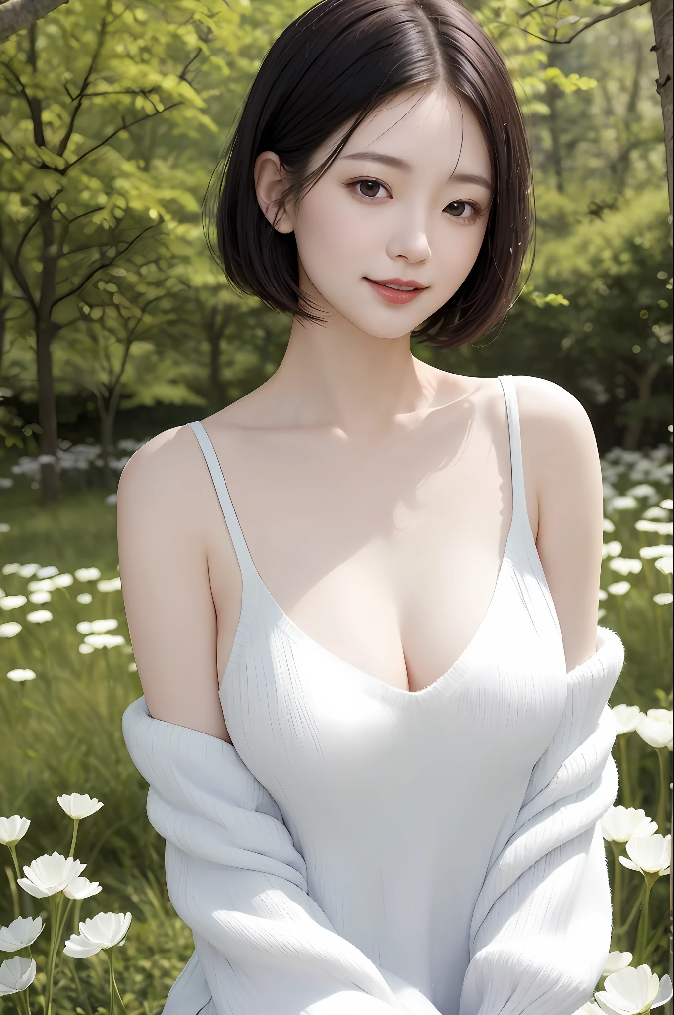 A japanese woman stands in a park where white clover blooms all around, a forest can be seen in the background, exquisite and beautiful face, exquisite collarbone, seductive and delicate collarbone, charming A japanese woman stands in a park where white clover blooms all around, a forest can be seen in the background, exquisite and beautiful face, exquisite collarbone, seductive and delicate collarbone, charming fragrant shoulders, shoulders slightly exposed, open-shoulder long sweater,sky blue sweater, pretty face, peach Red lips, tender and smooth skin,(white skin:1.6),black hair,(bob hair:1.2), short hair,(smile:1.2),smile with teeth, white teeth,very realistic details, ultra-high resolution,bokeh,outstanding details, 8K, pigeon chest, full body