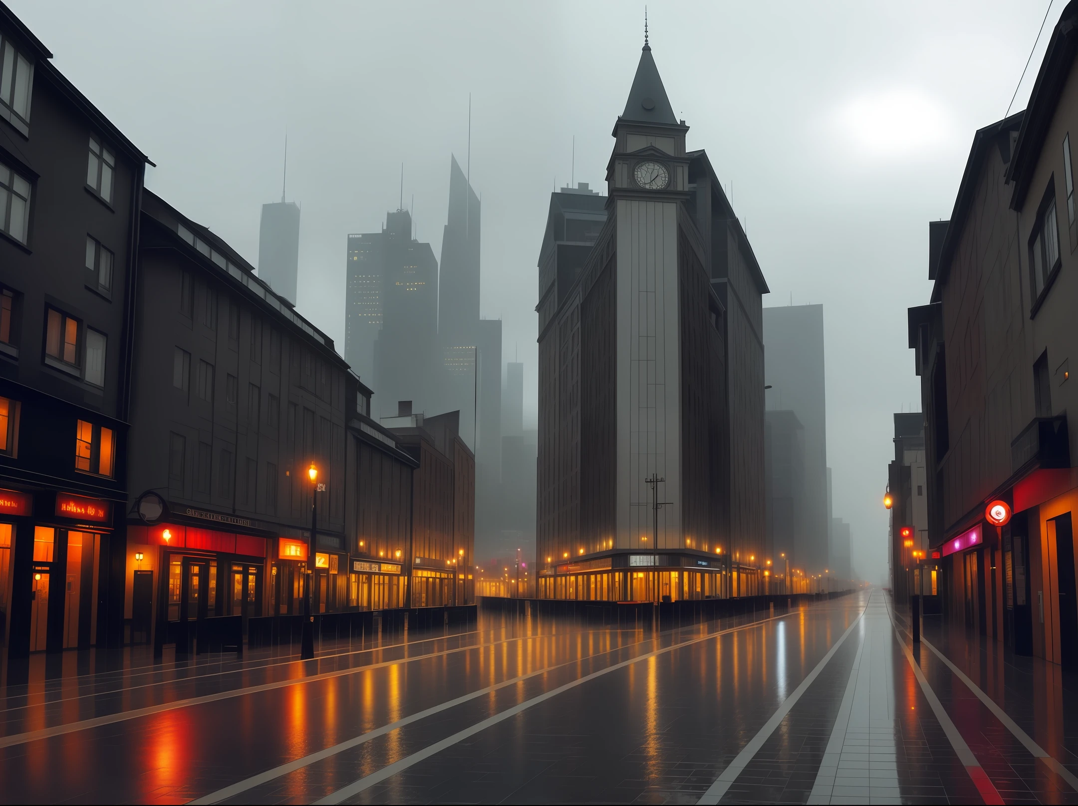 Modern Gothic city, rainy climate