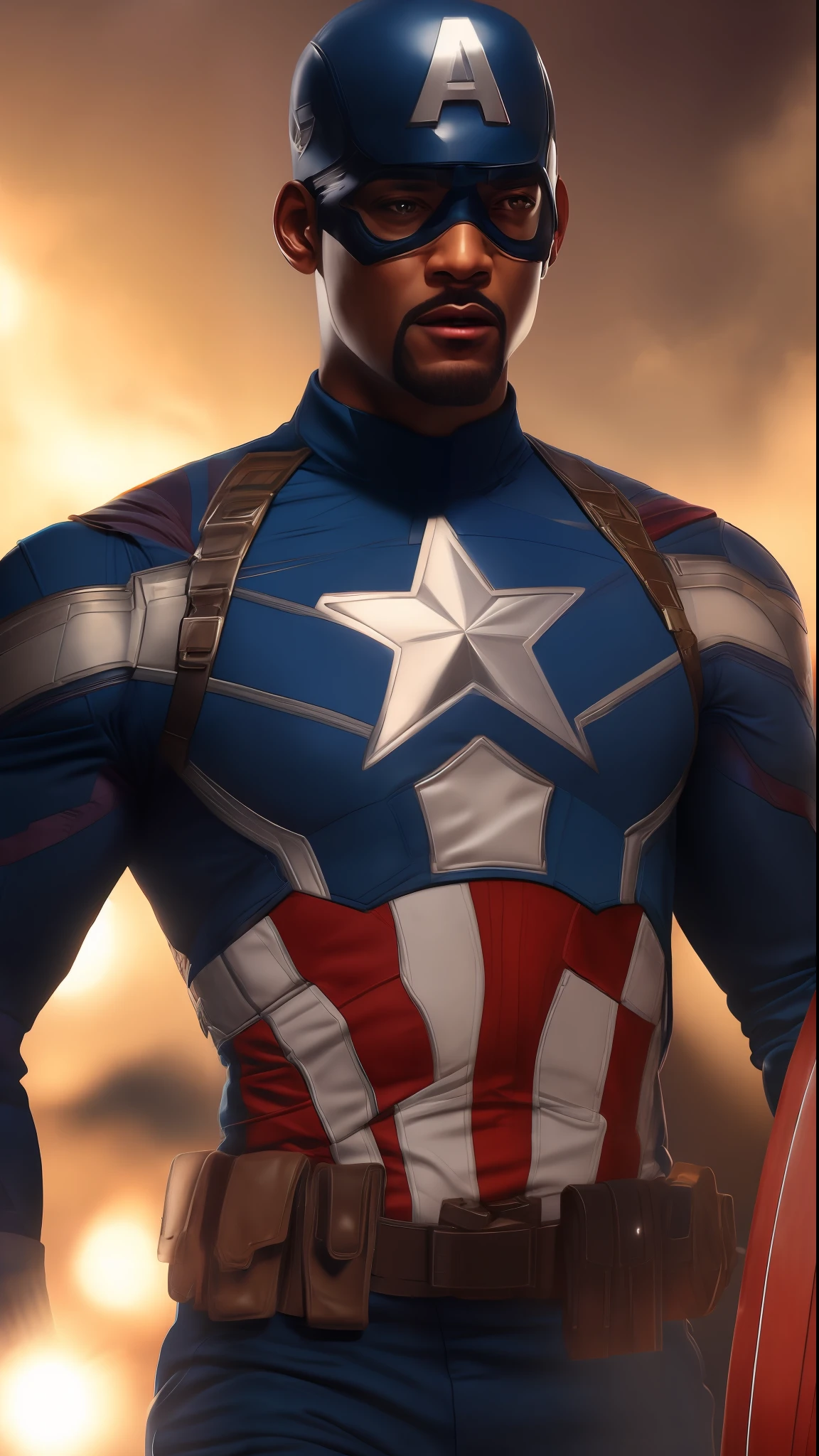 . .Tarantino style Will Smith as Captain America 8k, high definition, detailed face, detailed face, detailed eyes, detailed suit, in style of marvel and dc, hyper-realistic, + cinematic shot + dynamic composition, incredibly detailed, sharpen, details + superb details + evening with light + perfectionism + award winning realism ((moody lighting))