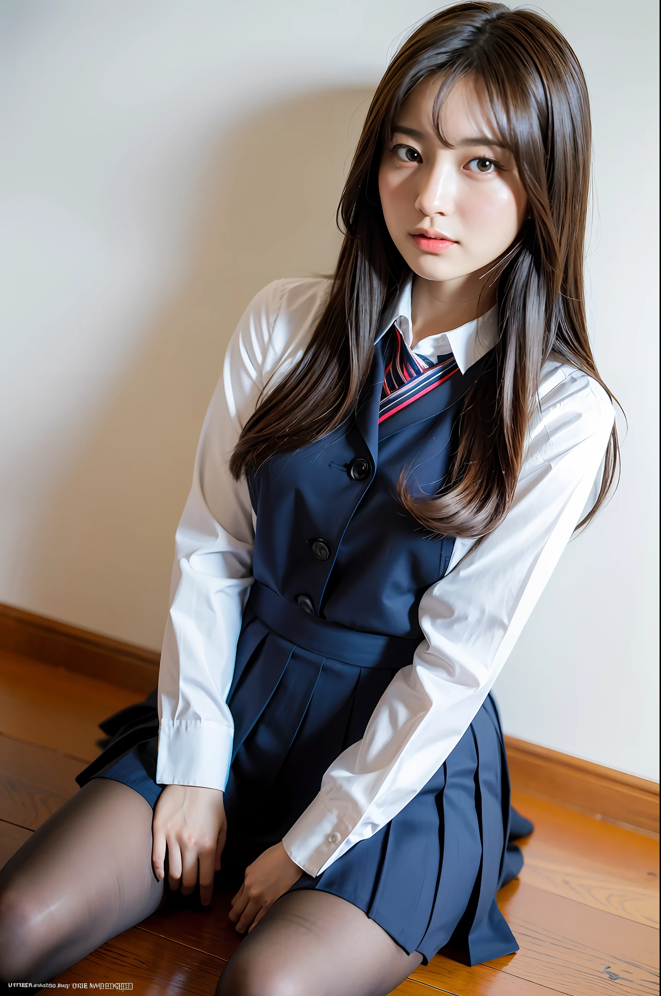 ulzzang-6500-v1.1, (raw photo:1.2), (photorealistic:1.4), beautiful detailed girl, very detailed eyes and face, beautiful detailed eyes, ridiculous, incredibly ridiculous, huge file size, super detailed, high resolution, very detailed, best quality, masterpiece, kemomimi, ((Japanese girls' high school uniform)), illustration, very detailed, CG, unified, 8k wallpaper, amazing, Fine details, masterpiece, best quality, very detailed CG uniform 8k wallpaper, light on face, cinematic lighting, 1girl, 16 years old, ((no panties)), ((dynamic pose))), (camel toe), (half), (pantyhose), (knee-bending leg sitting))