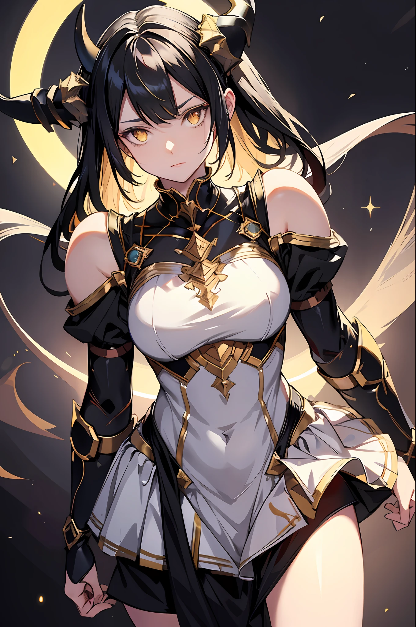 realistic, 1girl, black hair, horns, yellow eyes, glowing, bare shoulders, glowing eyes, magic circle, light particles, light rays, wallpaper, demon, pale skin, fully body, from below, slightly visible panty, standing, looking down, Bending down, 1eye focus