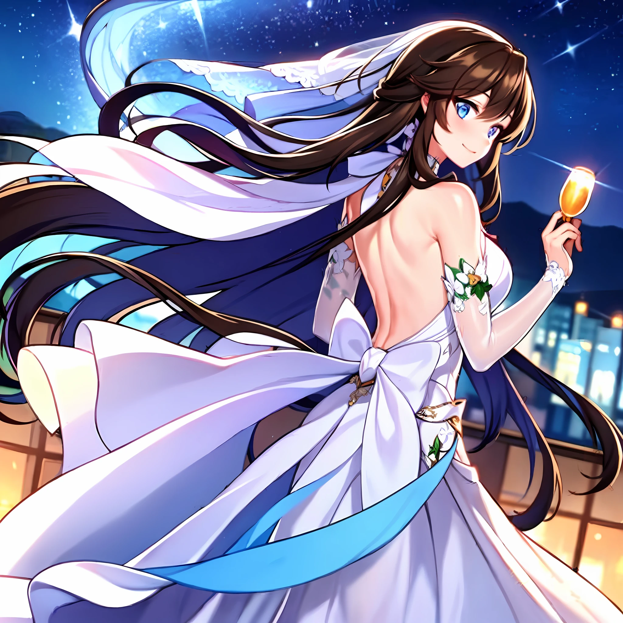 (masterpiece), best quality, ultra-detailed, illustration, warm lighting, soft lighting, bright colors, (back view,full body shot),( beautiful girl, long hair, (beautiful eyes), blue eyes, ribbon, brown hair, hair between eyes, hair ribbon, sidelocks, very long hair, messy hair), night, location : roof terrace, starry sky, wram moonlight, (wear wedding dress: 1.2),(A long, straight white dress),(modest and elegant dress),Sparkling necklace, mischievous smile,
,