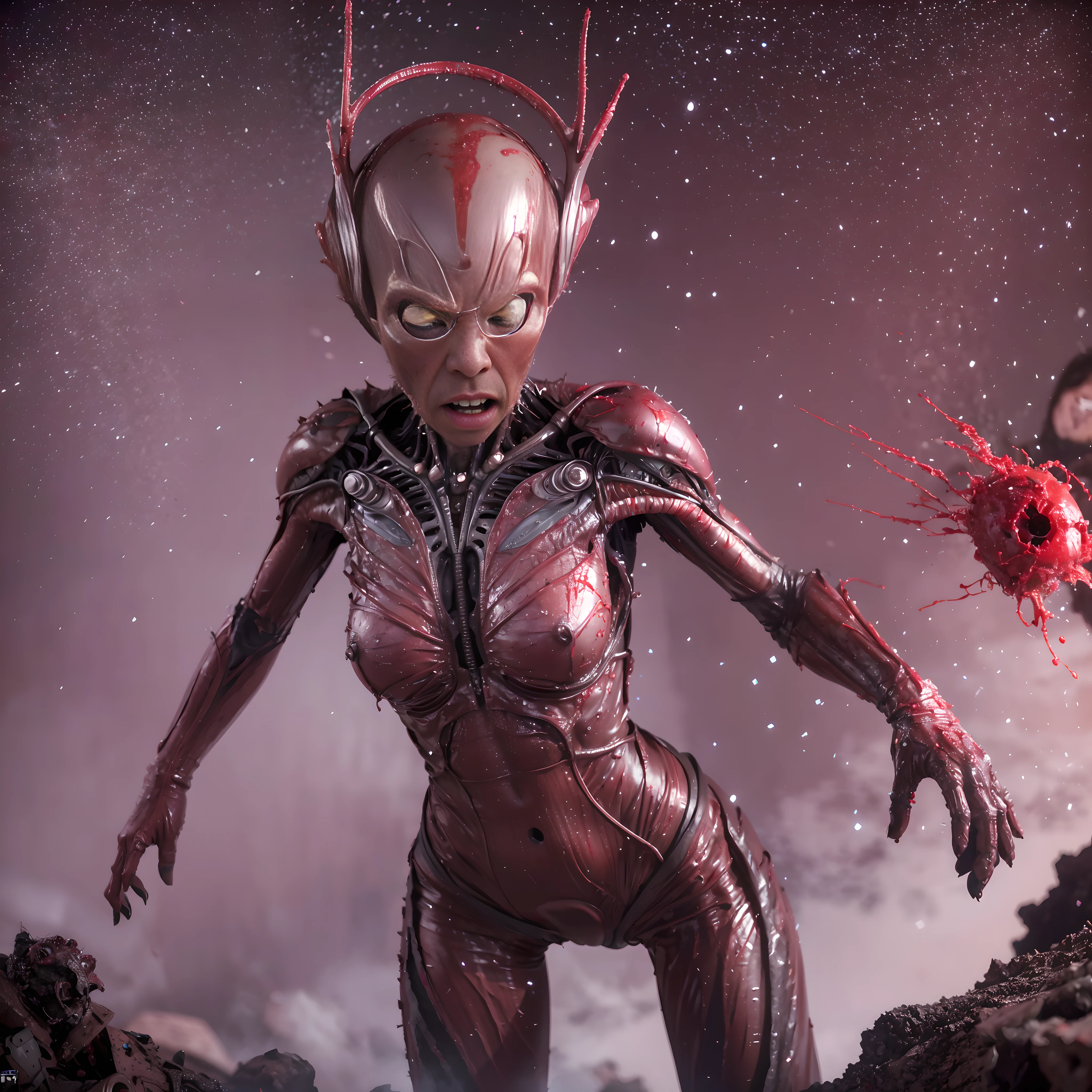 Ultra-realistic, alien and human encounter, woman fights to the death, jumps out with heavy bleeding, red internal organs and brain splatter, woman is eaten by alien, high image quality, 8K, 32K, F1.8