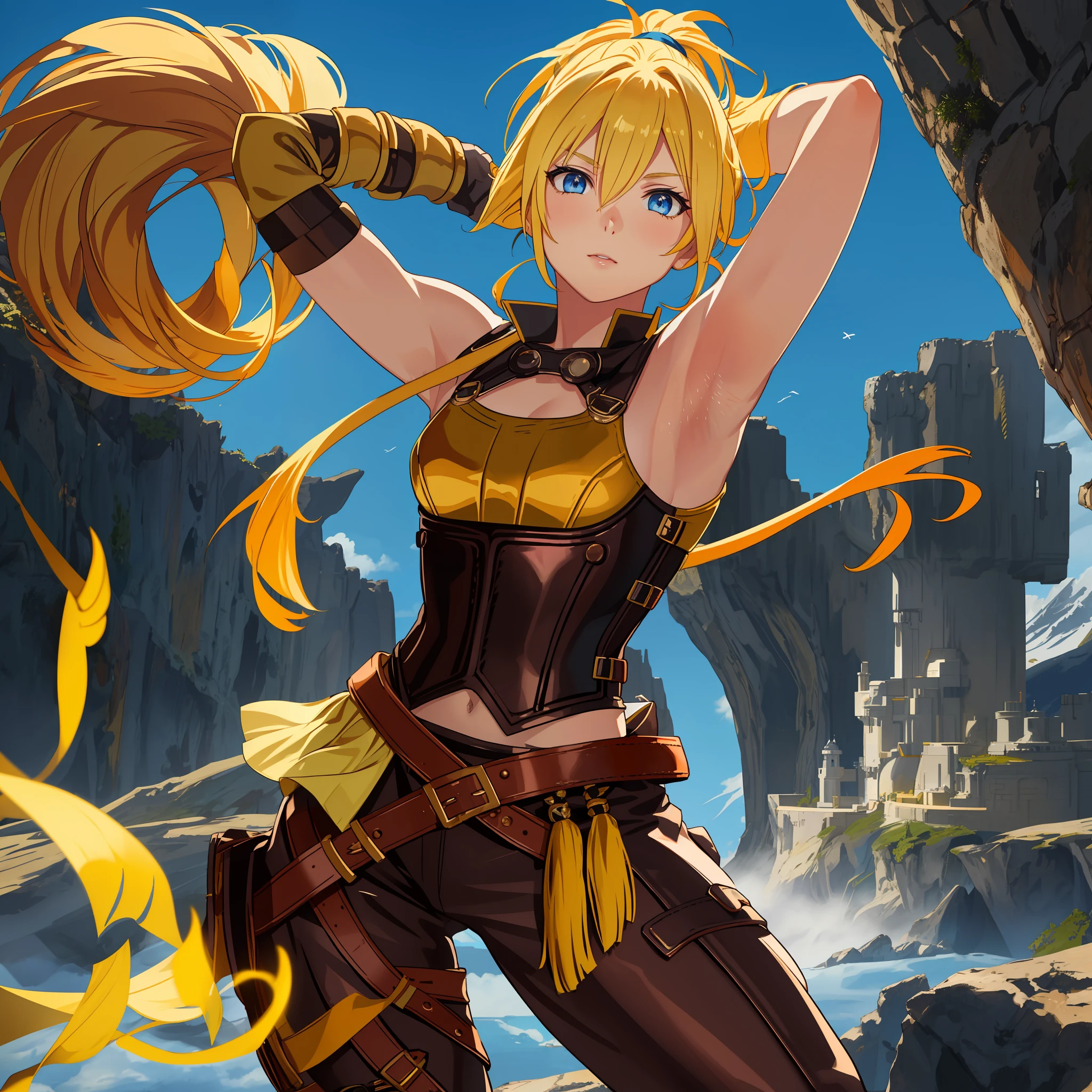 Rikku, (yellow hair, messy ponytail and bangs, blue eyes, flat chest), wearing a sexy tight corset, fingerless gloves, shoulders showing, showing the linga, looking at viewer, lewd, sexy, blue boots, masterpiece, best quality, 8k, sharp focus, depth of field, best shadows, perfect lights, HDR, realistic skin texture, detailed, hyper detailed background, anime style, wideshot, Arms up (armpit), fantasy city
