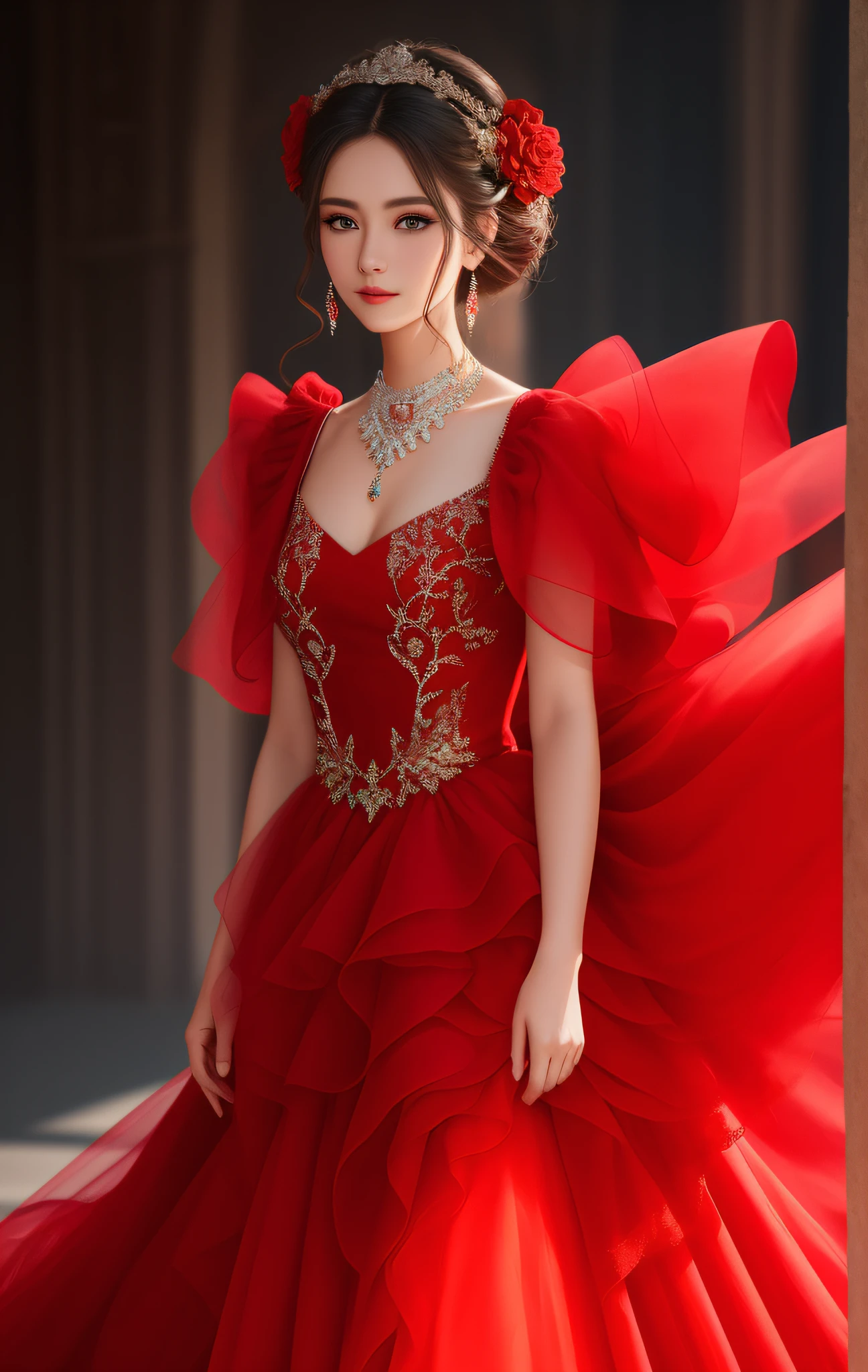 Best Quality, Masterpiece, High Resolution, 1 Girl, Porcelain Dress, Hair Accessory, Necklace, Jewelry, Beautiful Face, Physics, Tyndall Effect, Realism, Dark Studio, Edge Lighting, Two-tone Lighting, (High Detail Skin: 1.2), 8k UHD, DSLR, Soft Light, High Quality, Volumetric Light, Voyeur, Photo, High Resolution, 4K, 8K, Background Blur, Banter, Full Body Long Legs, Red Gauze Dress, Trimmed Face