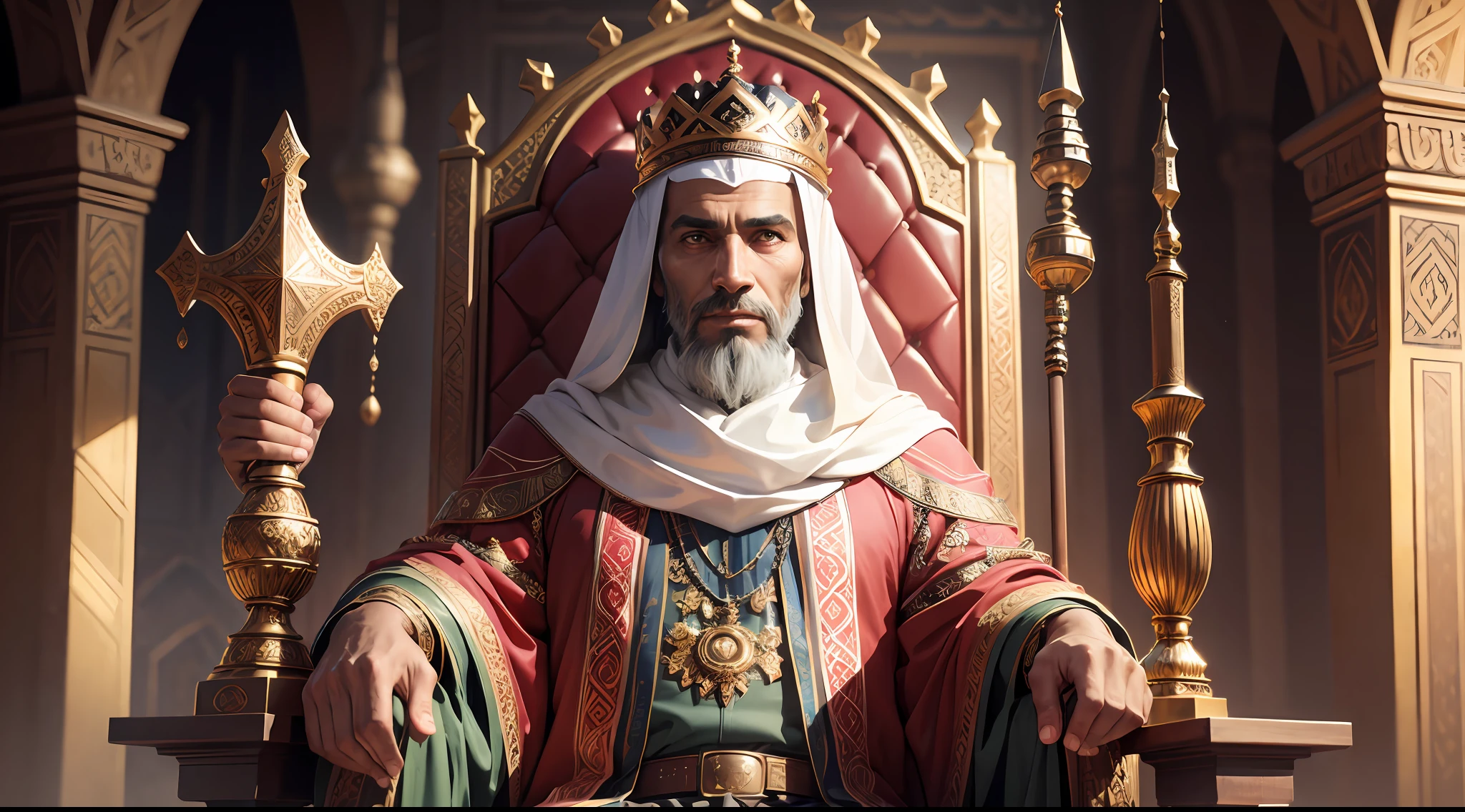 King, Muslim man, sitting on throne, holding wooden staff, 8k, high quality, masterpiece, best quality, hd, extremely detailed, cheerful atmosphere, volumetric lighting, typography --auto --s2