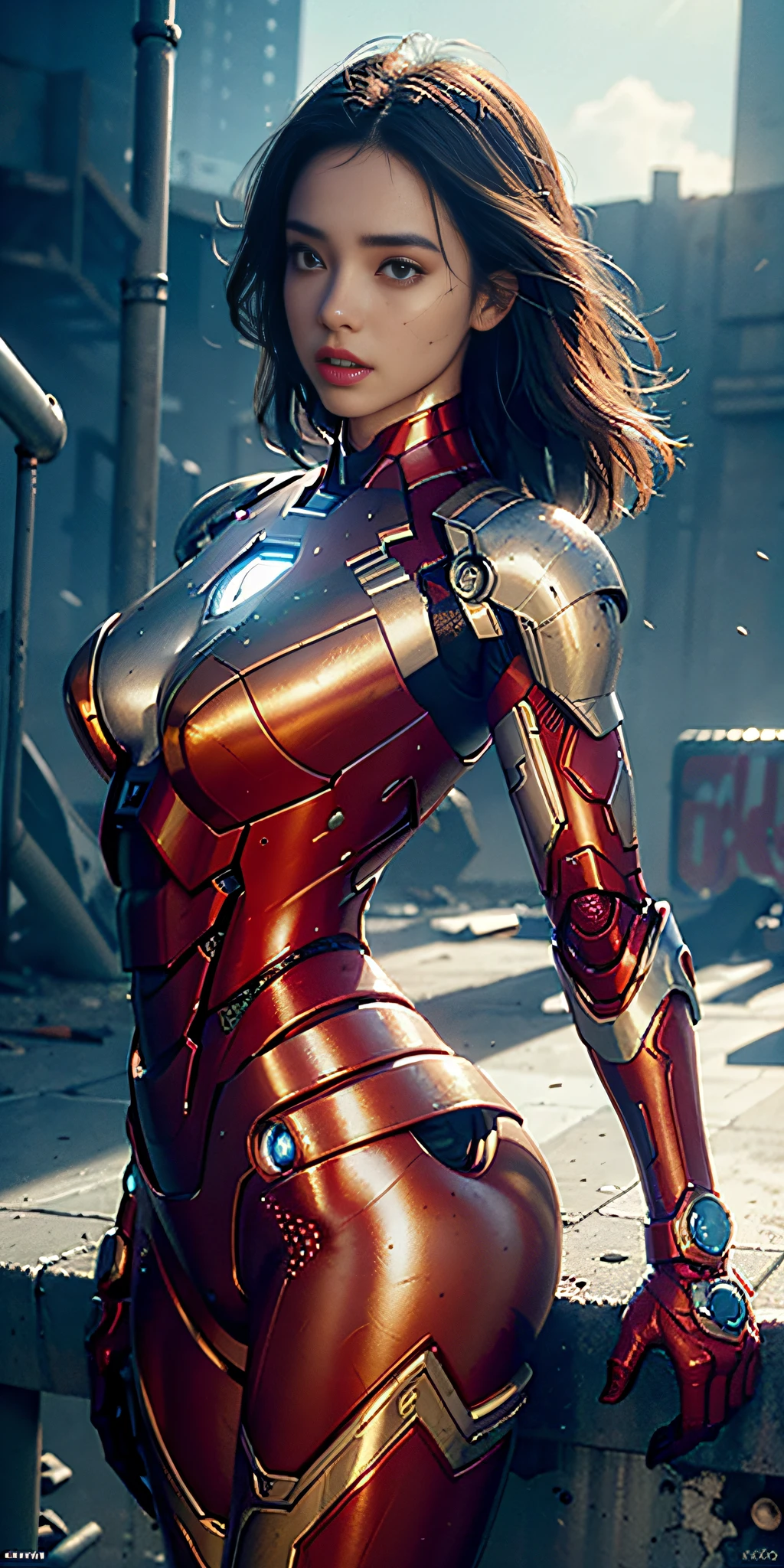 RAW, Masterpiece, Super Fine Photo, A Woman, Best Quality, Ultra High Resolution, Photorealistic Photorealism, Sunlight, Full Body Portrait, Amazing Beauty, Dynamic Pose, Delicate Face, Vibrant Eyes, (From the side), She Wears Futuristic Iron Man Mech, Red and Gold Color Scheme, Very Detailed Abandoned Warehouse Background, Detailed Face, Detailed Complex Busy Background, Messy, Gorgeous, Milky White, Highly Detailed Skin, Realistic Skin Details, Visible Pores, Sharp Focus, Volume Fog, 8K UHD, DSLR, high quality, film grain, fair skin, photorealism, lomography, huge metropolis in a future dystopia, seen from below, translucent