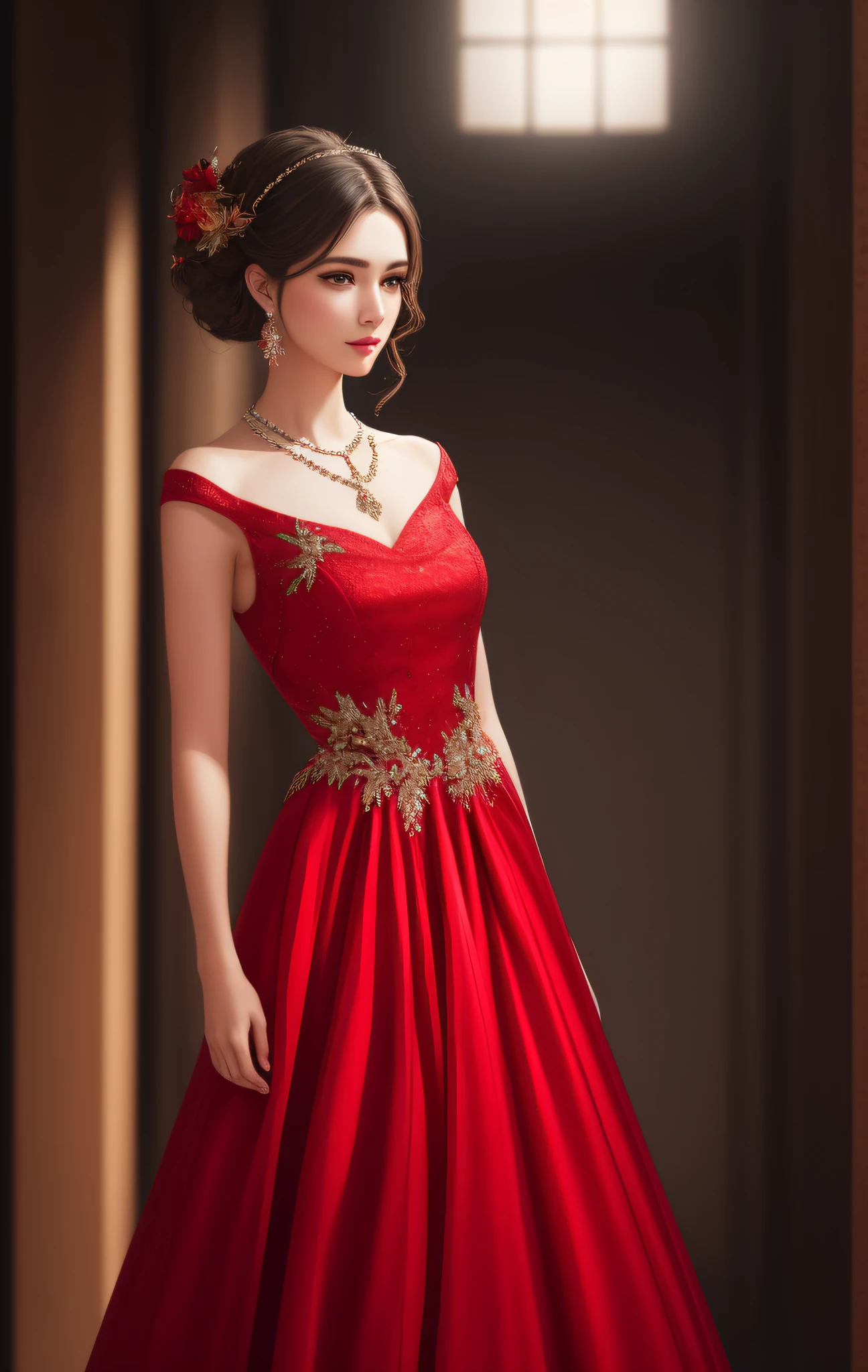Best Quality, Masterpiece, High Resolution, 1 Girl, Porcelain Dress, Hair Accessory, Necklace, Jewelry, Beautiful Face, Physics, Tyndall Effect, Realism, Dark Studio, Edge Lighting, Two-tone Lighting, (High Detail Skin: 1.2), 8k UHD, DSLR, Soft Light, High Quality, Volumetric Light, Voyeur, Photo, High Resolution, 4K, 8K, Background Blur, Banter, Full Body Long Legs, Red Gauze Dress, Trimmed Face