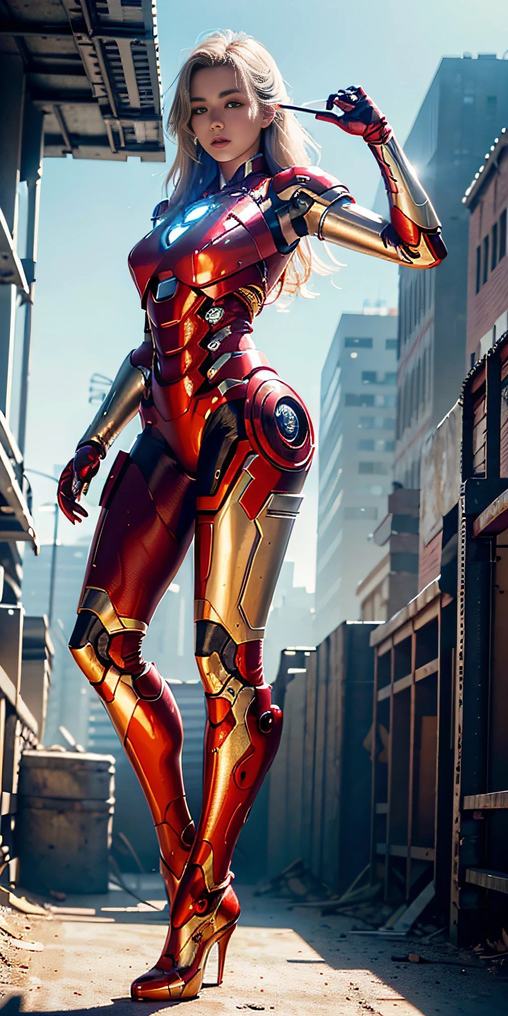 RAW, Masterpiece, Super Fine Photo, A Woman, Best Quality, Ultra High Resolution, Photorealistic Photorealism, Sunlight, Full Body Portrait, Amazing Beauty, Dynamic Pose, Delicate Face, Vibrant Eyes, (From the side), She Wears Futuristic Iron Man Mech, Red and Gold Color Scheme, Very Detailed Abandoned Warehouse Background, Detailed Face, Detailed Complex Busy Background, Messy, Gorgeous, Milky White, Highly Detailed Skin, Realistic Skin Details, Visible Pores, Sharp Focus, Volume Fog, 8K UHD, DSLR, high quality, film grain, fair skin, photorealism, lomography, huge metropolis in a future dystopia, seen from below, translucent