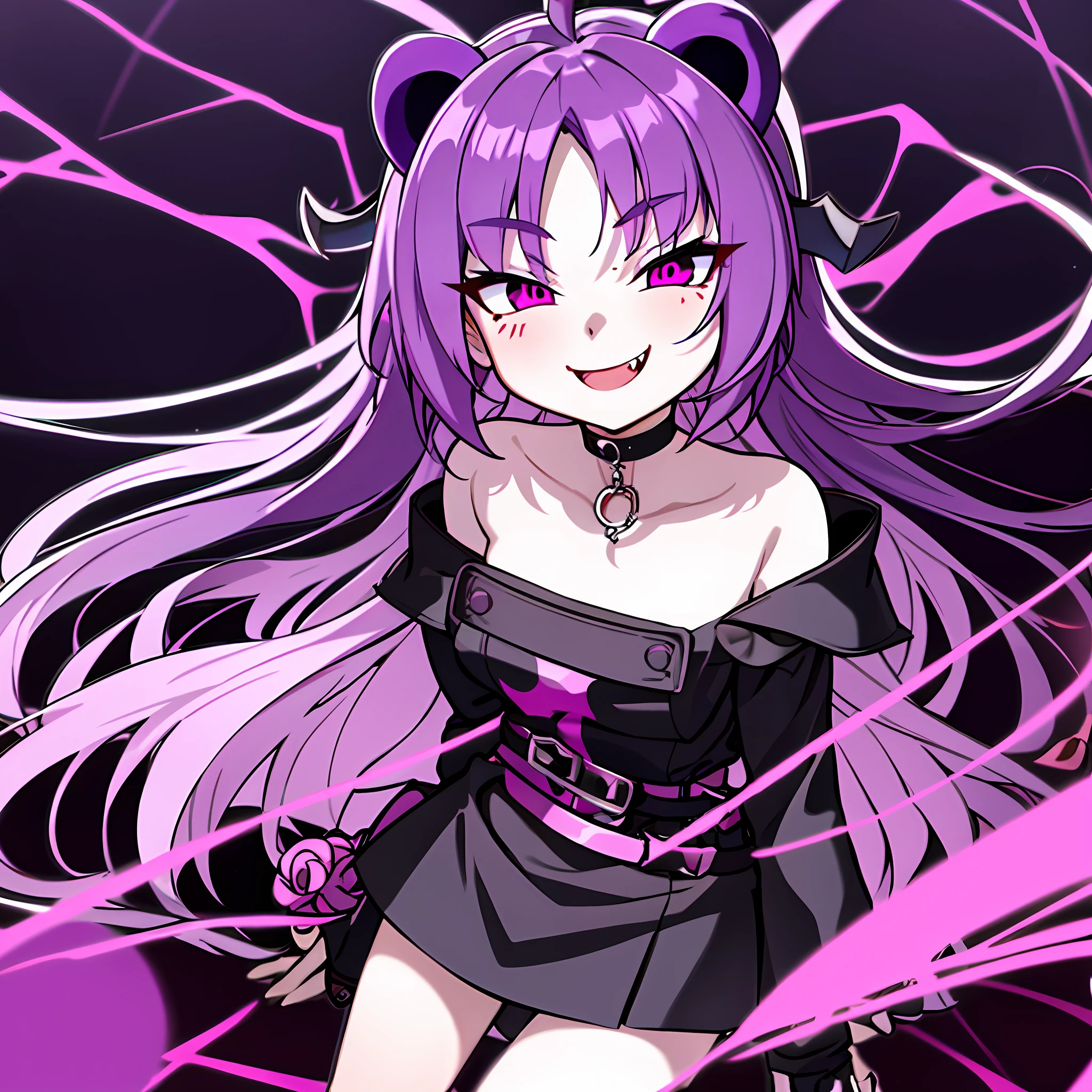 masterpiece, SFW, safe, hires, absurdres, purple hair, short hair, wavy hair, fluffy hair, ahoge, devil horns, magenta eyes, pink eyes, pale skin, 1 fang, 1fang, fang, wings, demon wings, beauty mark, bear ears, kemonomimi, bear girl, demon girl, wavy bangs, bangs, 1girl, solo, alone, flat chest, small breasts, demon horns, baggy clothes, fully clothed, covered chest, demon tail, bear tail, swept bangs, wispy bangs, bags under eyes, purple bear ears, eyeliner, emo, alternative fashion, streetwear, street fashion, half closed eyes, half-closed eyes, lidded eyes, bored, smiling, smile, fanged smile, sleepy, friendly, shy, nighttime, night time, city, purple, no ears, devil horns, demon horns, young, chains, accessories