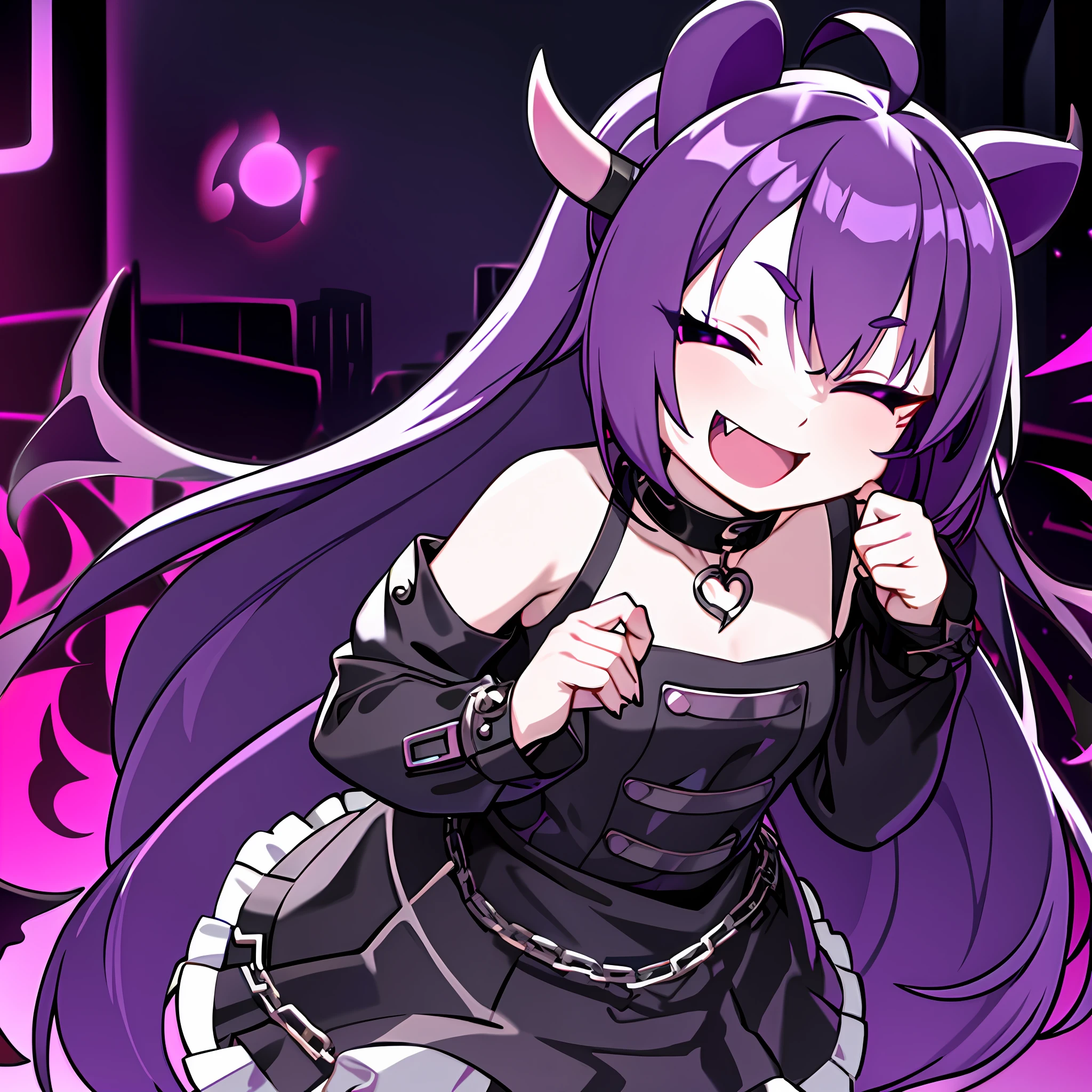 masterpiece, SFW, safe, hires, absurdres, purple hair, short hair, wavy hair, fluffy hair, ahoge, devil horns, magenta eyes, pink eyes, pale skin, 1 fang, 1fang, fang, wings, demon wings, beauty mark, bear ears, kemonomimi, bear girl, demon girl, wavy bangs, bangs, 1girl, solo, alone, flat chest, small breasts, demon horns, baggy clothes, fully clothed, covered chest, demon tail, bear tail, swept bangs, wispy bangs, bags under eyes, purple bear ears, eyeliner, emo, alternative fashion, streetwear, street fashion, half closed eyes, half-closed eyes, lidded eyes, bored, smiling, smile, fanged smile, sleepy, friendly, shy, nighttime, night time, city, purple, no ears, devil horns, demon horns, young, chains, accessories