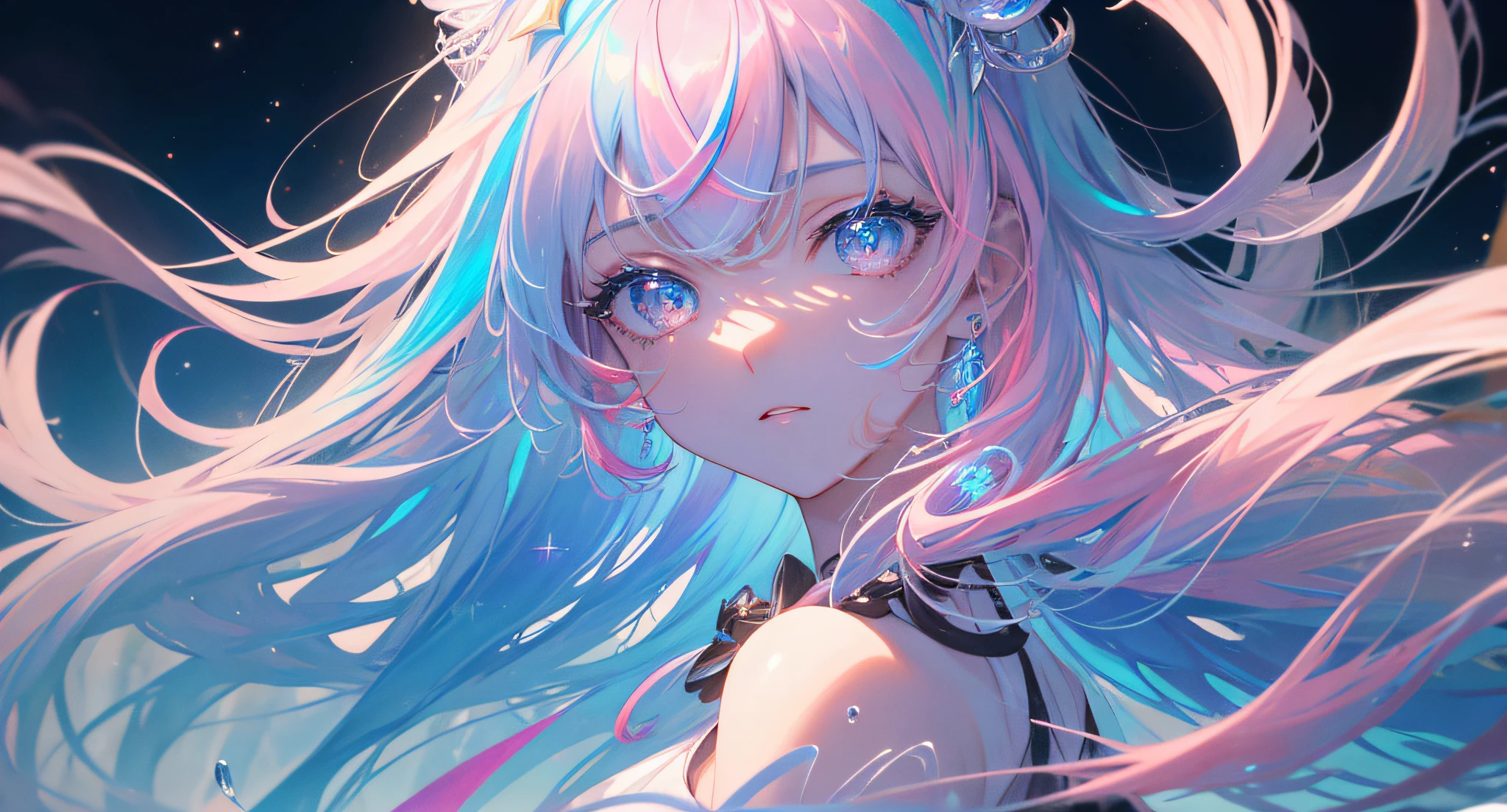 (masterpiece, top quality, best quality,watercolor )(medium),official art, beautiful and aesthetic:1.2),(1girl:1.3), (fractal art:1.3),upper body, from side, looking at viewer,patterns,(rainbow color Hair,colorful hair,half blue and half pink hair:1.2),water,liquid, cloud,colorful, starry,stars,close-up, big eyes, eyes, complex eyes, unique pupils, unusual pupils,starry sky, stars in the background, shining halo,((ultra detail retina:1.5)),embarassed, (midriff),((ultra detail eyes:1.5)),((extremely detailed CG unity 8k wallpaper,masterpiece, best quality)), ((ultra-detailed:1.2)),(best illumination, best shadow, an extremely delicate and beautiful),(extremely detailed CG unity 8k wallpaper,masterpiece, best quality, ultra-detailed),(best illumination, best shadow, an extremely delicate and beautiful),(perfect body: 1.5)