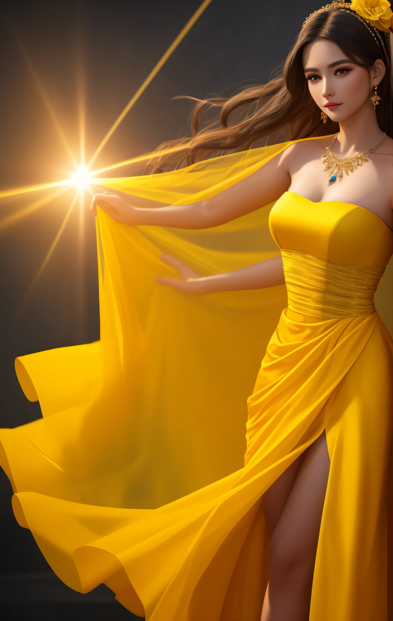 Best Quality, Masterpiece, High Resolution, 1 Girl, Porcelain Dress, Hair Accessories, Necklace, Jewelry, Beautiful Face, Physics, Tyndall Effect, Realism, Dark Studio, Edge Lighting, Two-tone Lighting, (High Detail Skin: 1.2), 8k UHD, DSLR, Soft Light, High Quality, Volumetric Light, Voyeur, Photo, High Resolution, 4K, 8K, Background Blur, Bandeau, Full Body Long Legs, Yellow Gauze Dress, Refined Face