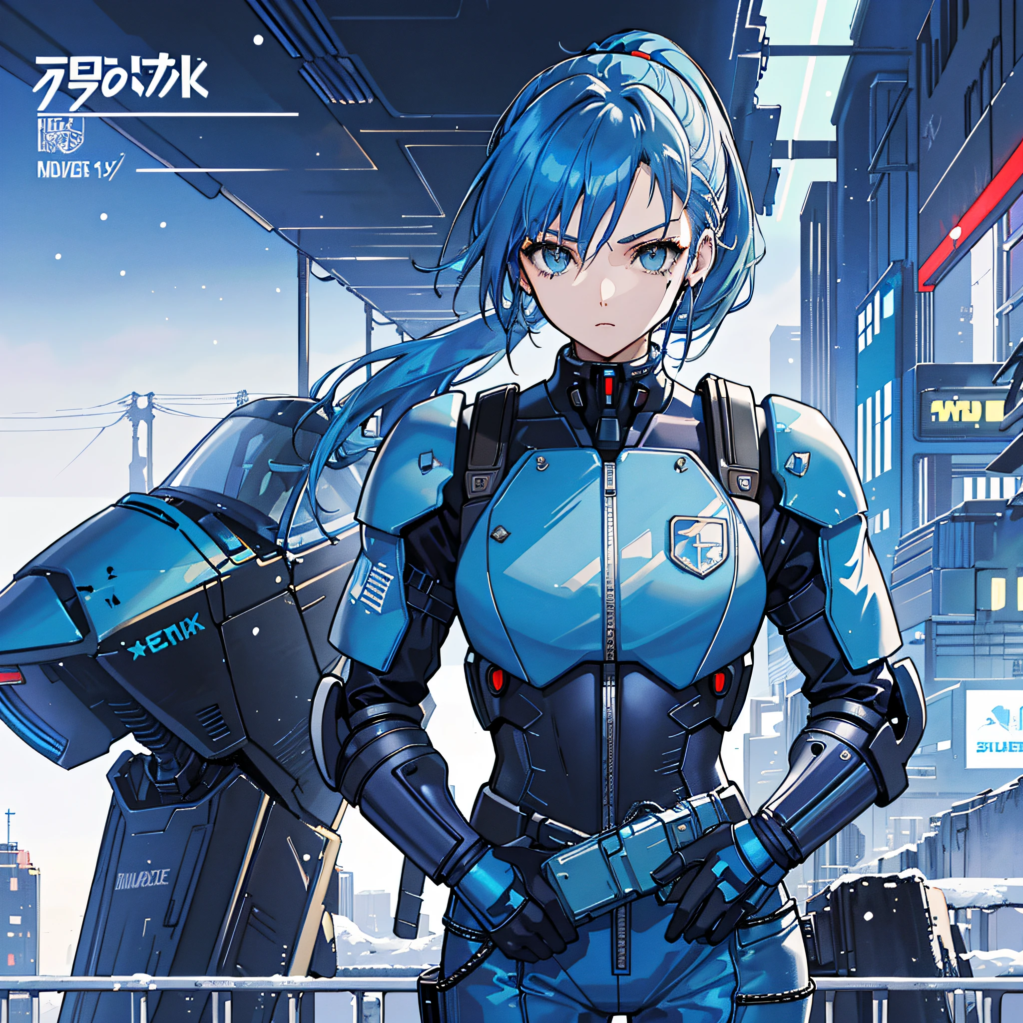 Blue hair, classic, Best Quality, One Girl, Middle, (((album cover)), Light on Face, Slim Body, Blue Costume, Exoskeleton, Metal Gear, Cyberpunk Style, Ponytail, Gundam, Snowy Futuristic City is greeted by a quiet morning.