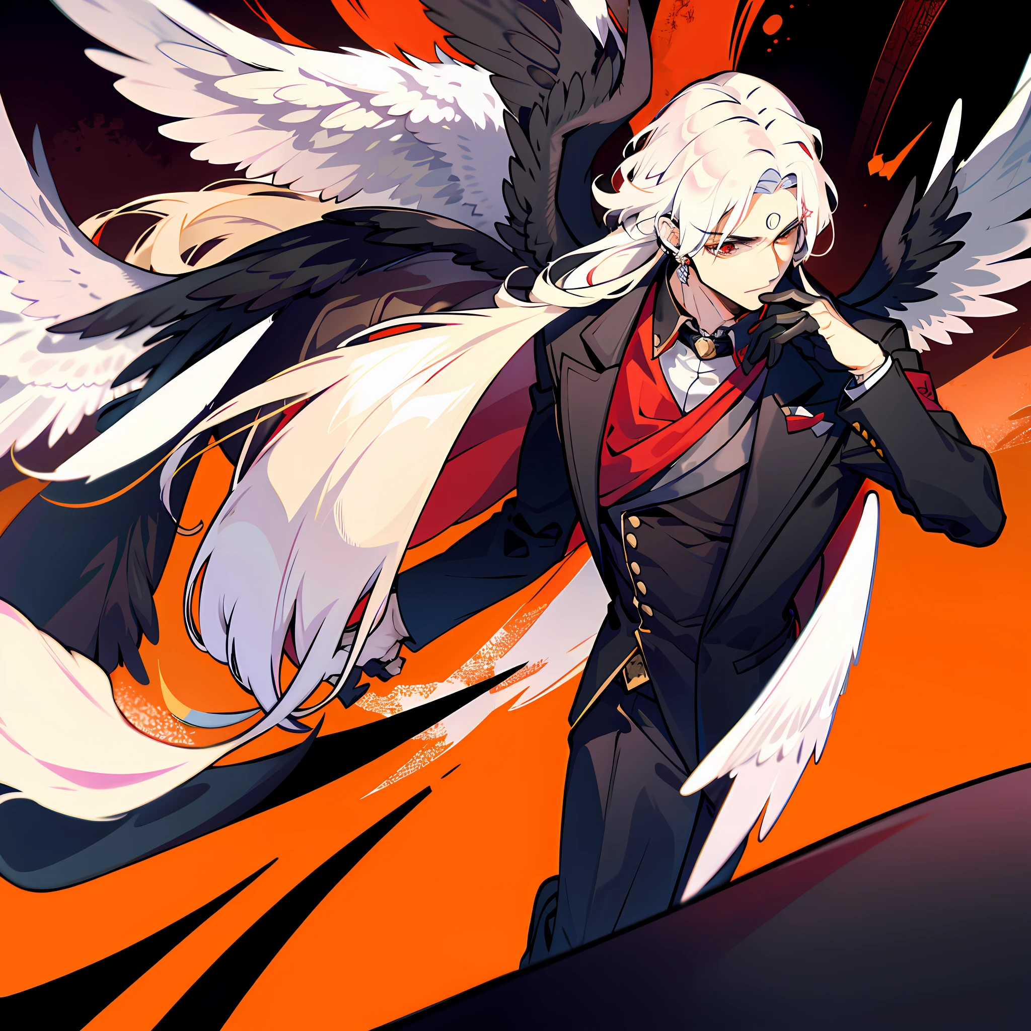 Only 1 man, Very handsome man, golden hair with long hair style, red eyes, wear black suit and black wings