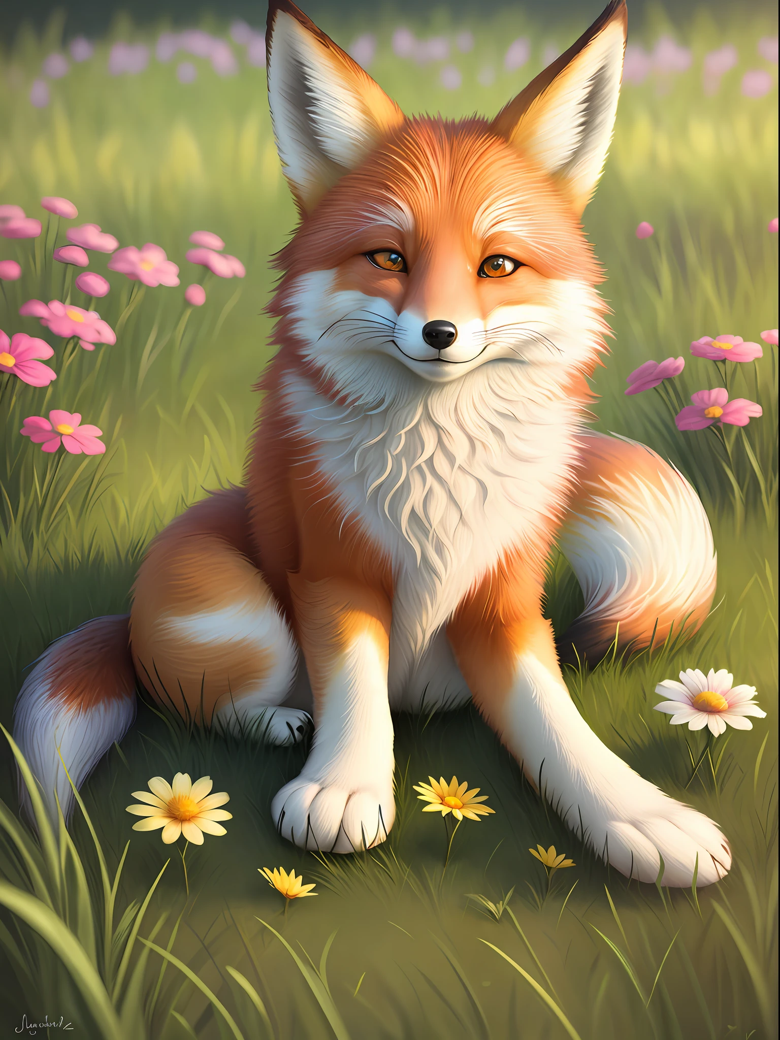 Beautiful fox, eyes open, smiling, grass, flowers, and good lighting