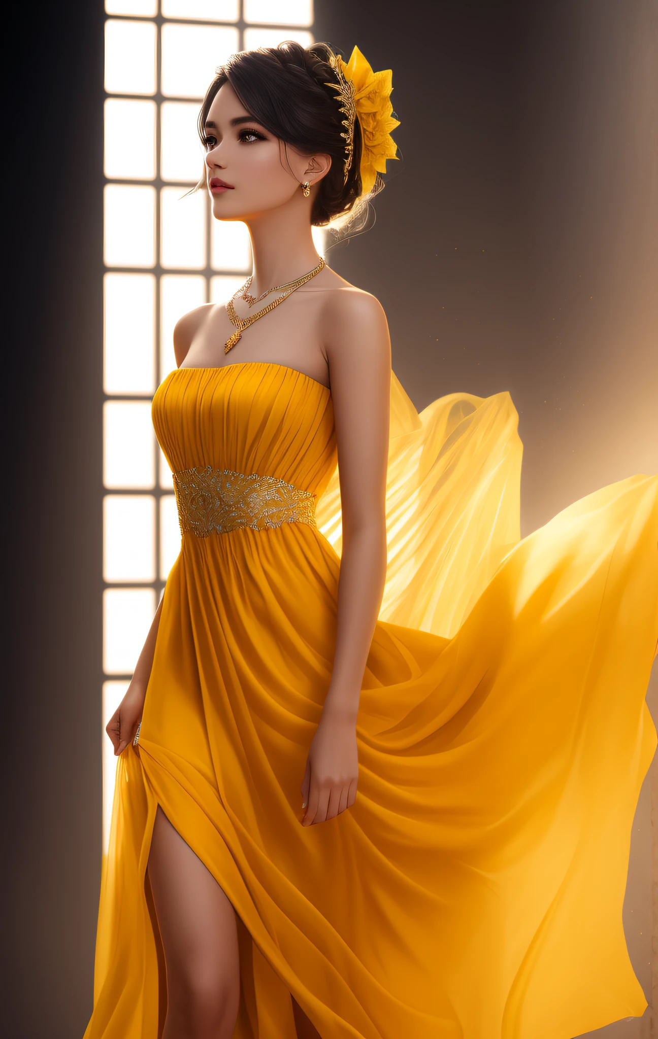 Best Quality, Masterpiece, High Resolution, 1 Girl, Porcelain Dress, Hair Accessories, Necklace, Jewelry, Beautiful Face, Physics, Tyndall Effect, Realism, Dark Studio, Edge Lighting, Two-tone Lighting, (High Detail Skin: 1.2), 8k UHD, DSLR, Soft Light, High Quality, Volumetric Light, Voyeur, Photo, High Resolution, 4K, 8K, Background Blur, Bandeau, Full Body Long Legs, Yellow Gauze Dress, Refined Face