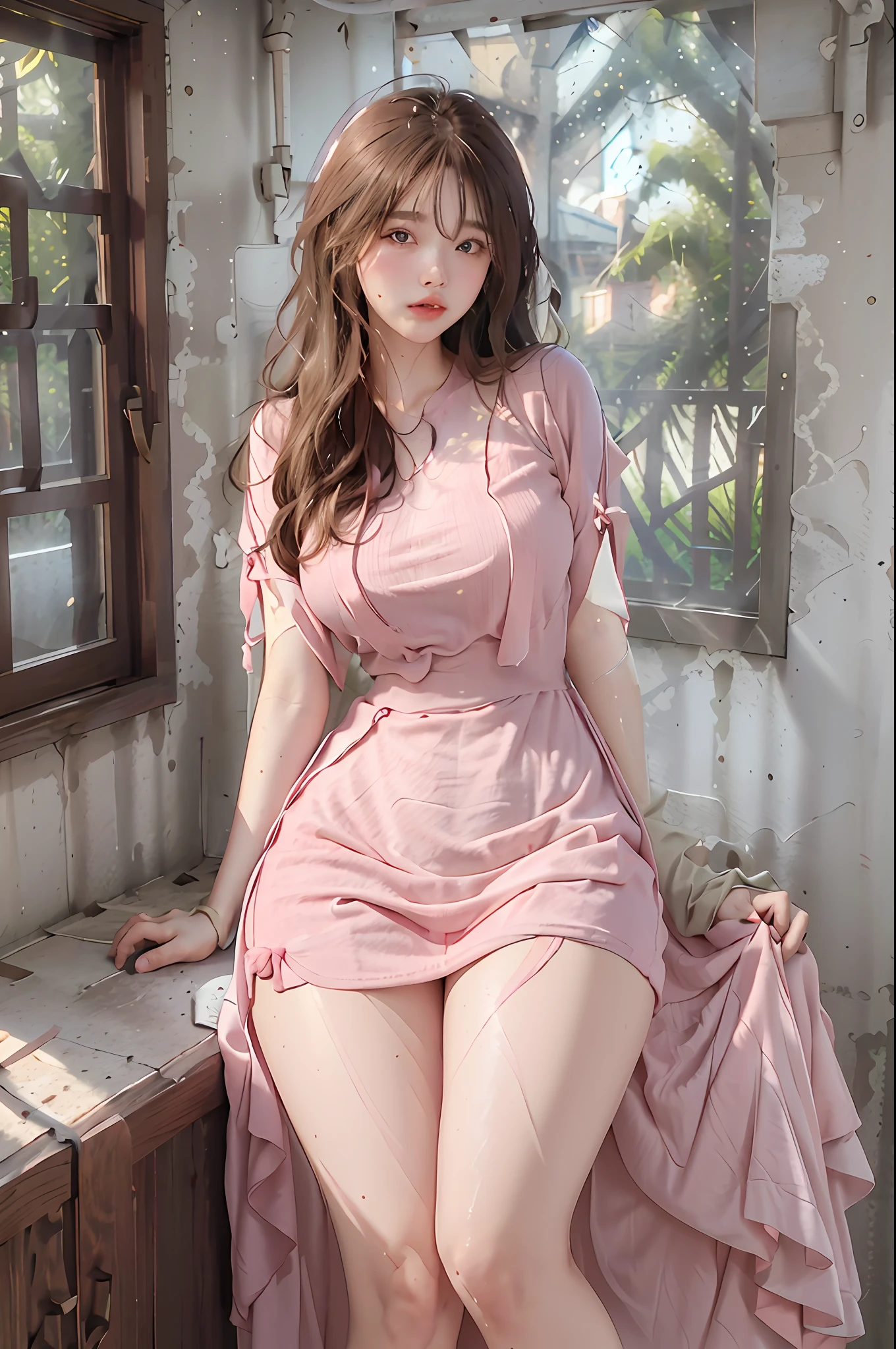(highest resolution, distinct_image) best quality, woman, masterpiece, highly detailed, semi-realistic, 21 years old, cute, young, beautiful, interior, modern bedroom, window, wake up, morning, blush, thick thighs, wide hips, thin waist, tall, coral, (sweat: 1.2), (wet), sexy, blush, long skirt, wear long skirt, wear pink long dress, pink long skirt, pink t-shirt, pink shirt