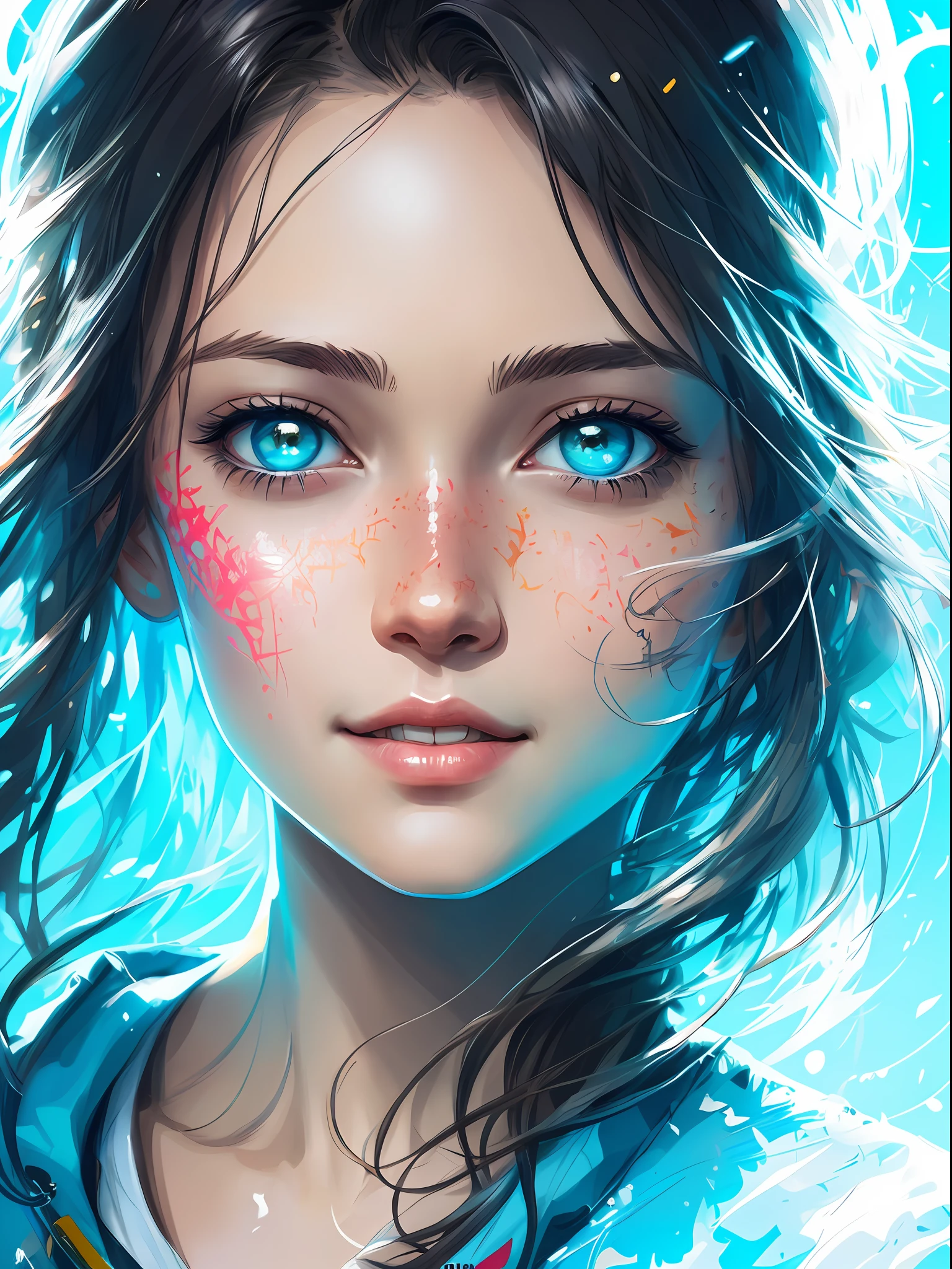 happy girl, centered, looking at the camera, approaching perfection, dynamic, ocean, highly detailed, digital painting, art station, concept art, smooth, sharp focus, illustration, art by Carne Griffiths and Wadim Kashin, detailed face, 4k