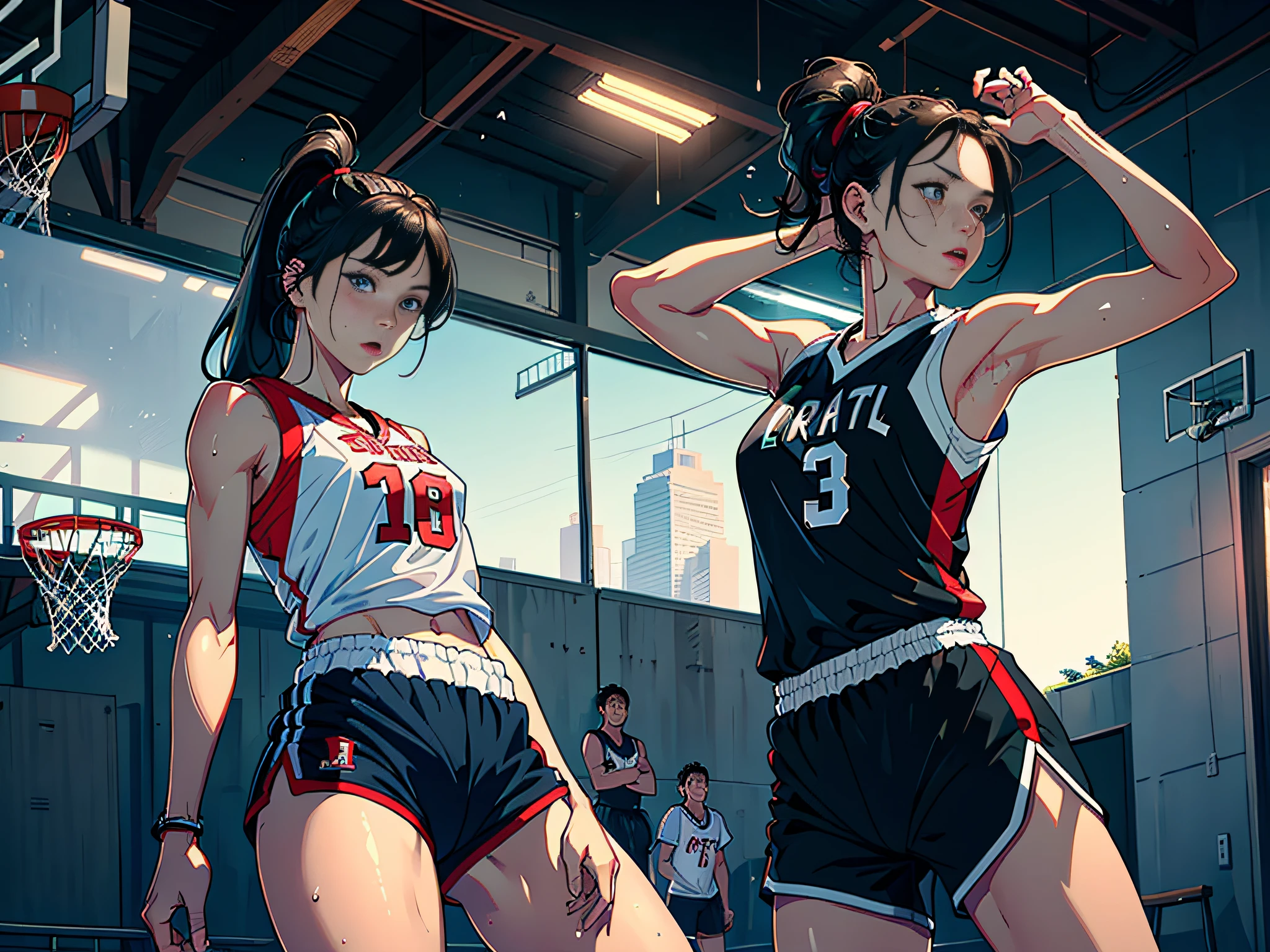 (Original), (Basketball Game), (Best Quality), (Masterpiece), Photographic Reality, Realistic, Very Detailed Illustration, (1 Girl), Beautiful Eyes, (Delicate Face), Perfect Detail, (Best Lighting), (Super Complex Detail), (Basketball Girl), (Basketball Court), (Basketball Girl), (Basketball Court), Sweat, Heavy Breathing, (Basketball Game), Sports Shorts, Perfect Details, Perfect Fingers, Perfect Limbs, Impact, (Shiny Skin), Abs, Muscles, Waist Line, Sports Shorts, Black Hair, High Ponytail , super long hair, 4K uniform, (super fine CG: 1.2), (8K: 1.2), realistic, octane rendering