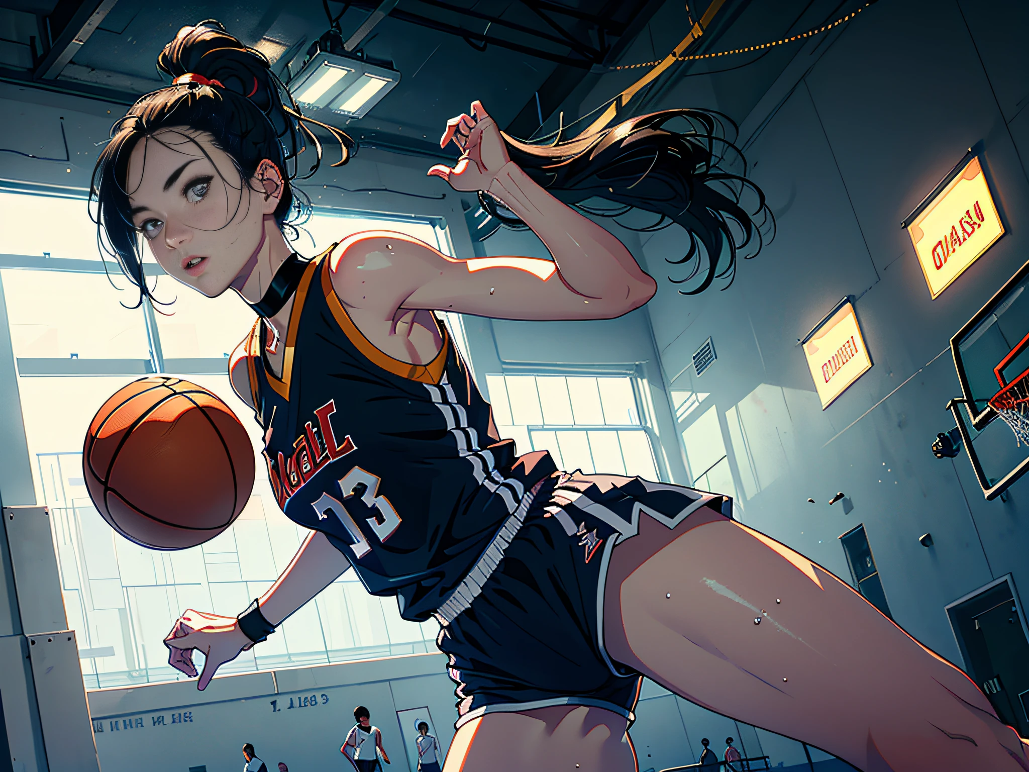 (Original), (Basketball Game), (Best Quality), (Masterpiece), Photographic Reality, Realistic, Very Detailed Illustration, (1 Girl), Beautiful Eyes, (Delicate Face), Perfect Detail, (Best Lighting), (Super Complex Detail), (Basketball Girl), (Basketball Court), (Basketball Girl), (Basketball Court), Sweat, Heavy Breathing, (Basketball Game), Sports Shorts, Perfect Details, Perfect Fingers, Perfect Limbs, Impact, (Shiny Skin), Abs, Muscles, Waist Line, Sports Shorts, Black Hair, High Ponytail , super long hair, 4K uniform, (super fine CG: 1.2), (8K: 1.2), realistic, octane rendering